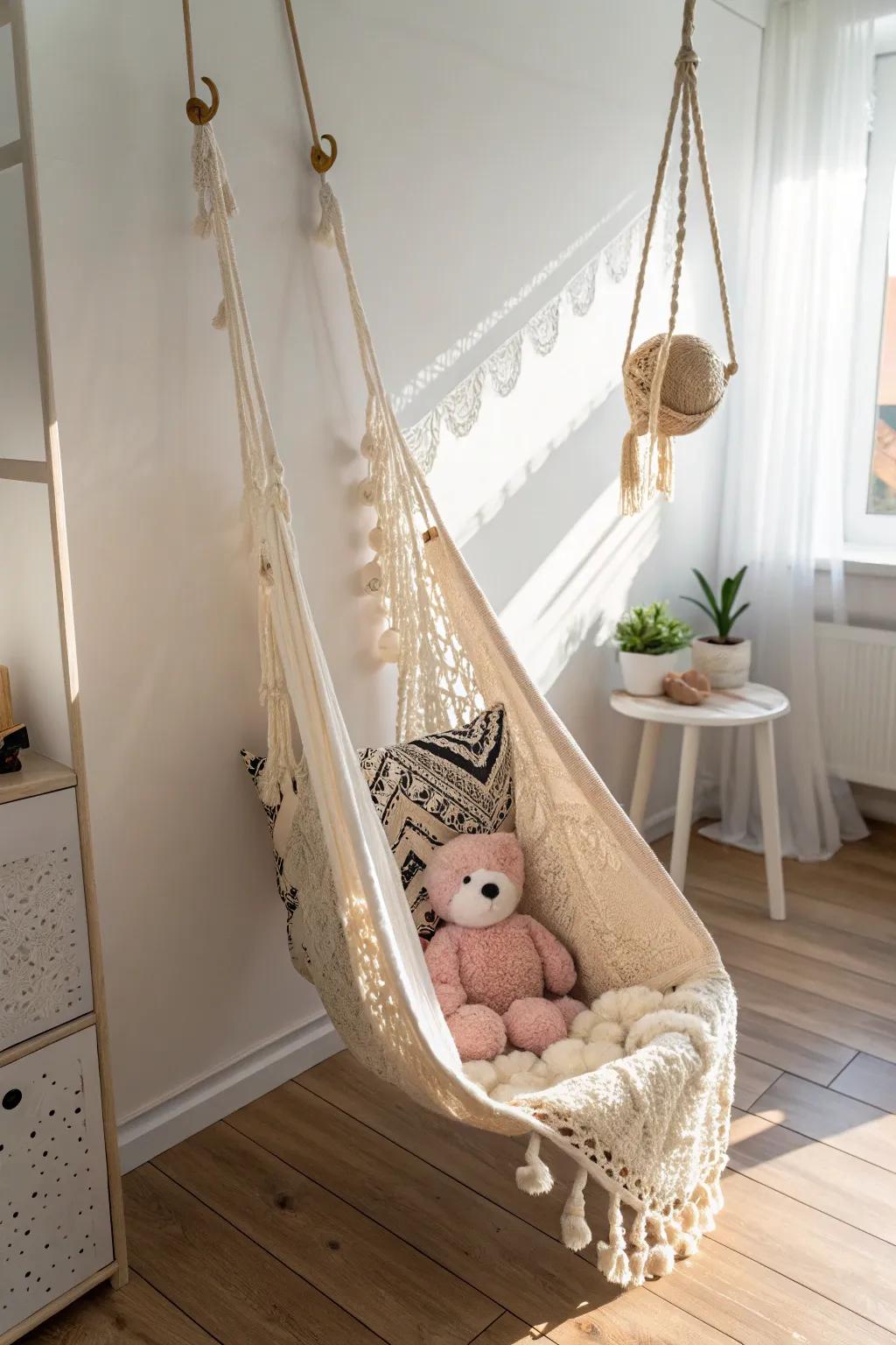 A corner stuffed animal hammock that frees floor space and turns plushies into decor.