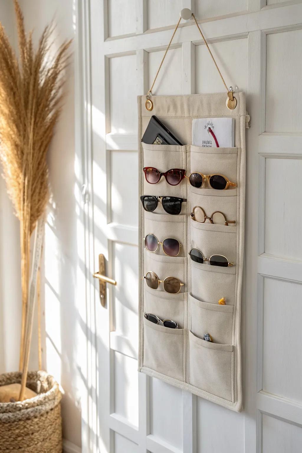 Over-the-door pocket organizer: sleek, space-saving sunglasses storage with quick at-a-glance access.