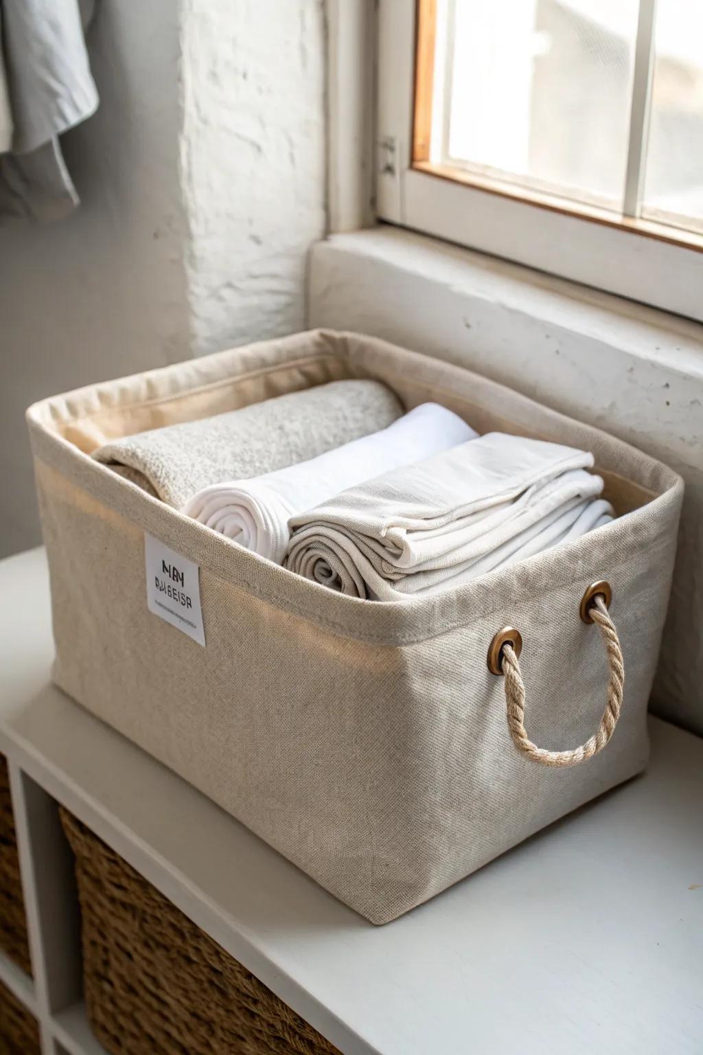 Breathable linen bin keeps tablecloths fresh and dust-free—perfect for tiny closets.