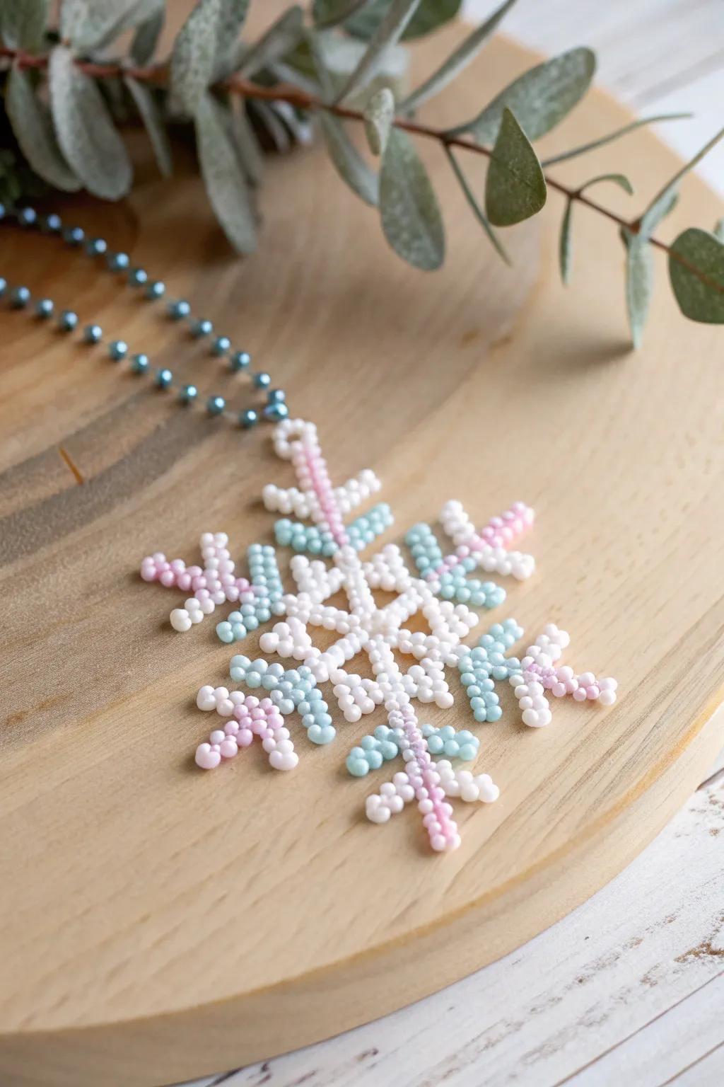 Add a touch of festive elegance to your space with a handcrafted Perler bead snowflake.
