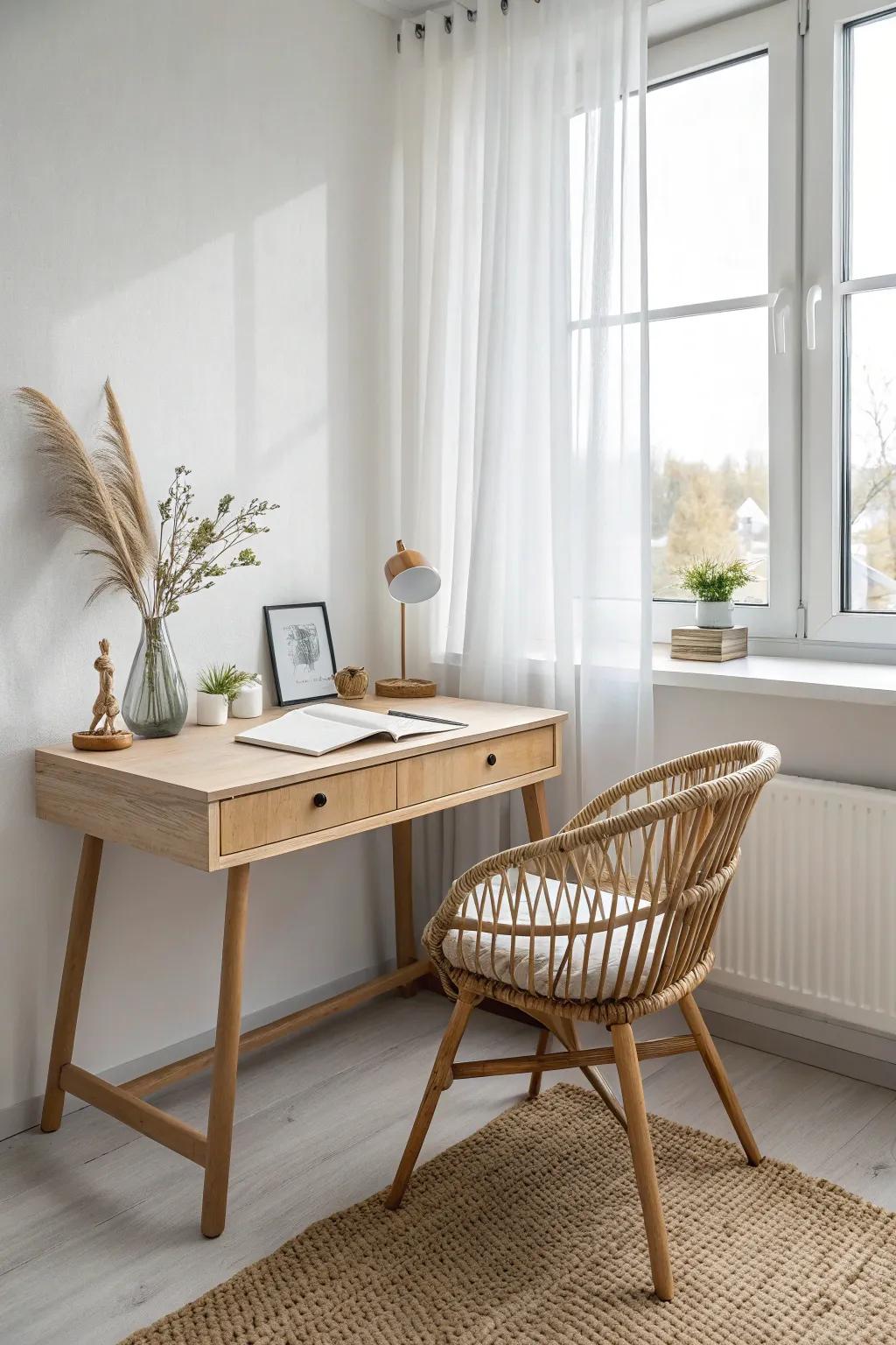 A slim under-window desk adds bright study space without stealing precious wall room.