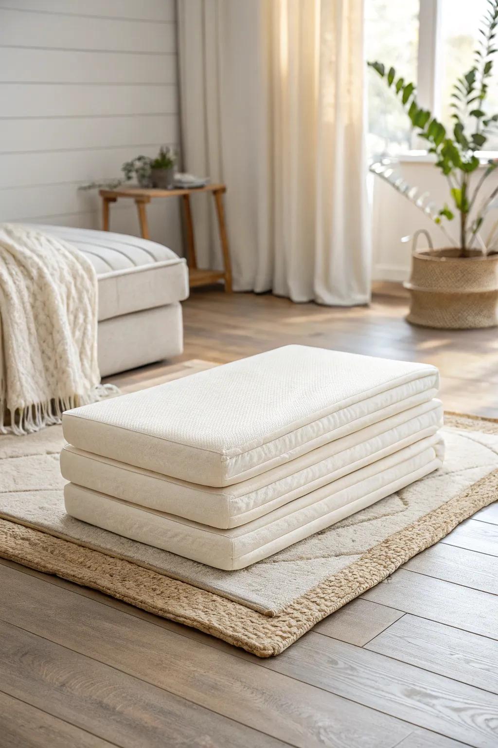 Tri-fold foam mattress: a chic, quiet temporary bed that folds away in seconds.