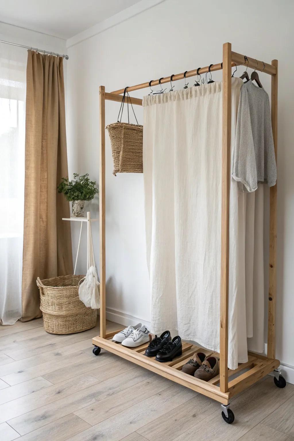 A rolling closet rack becomes a soft curtain wall—privacy + shoes + style in tiny spaces.