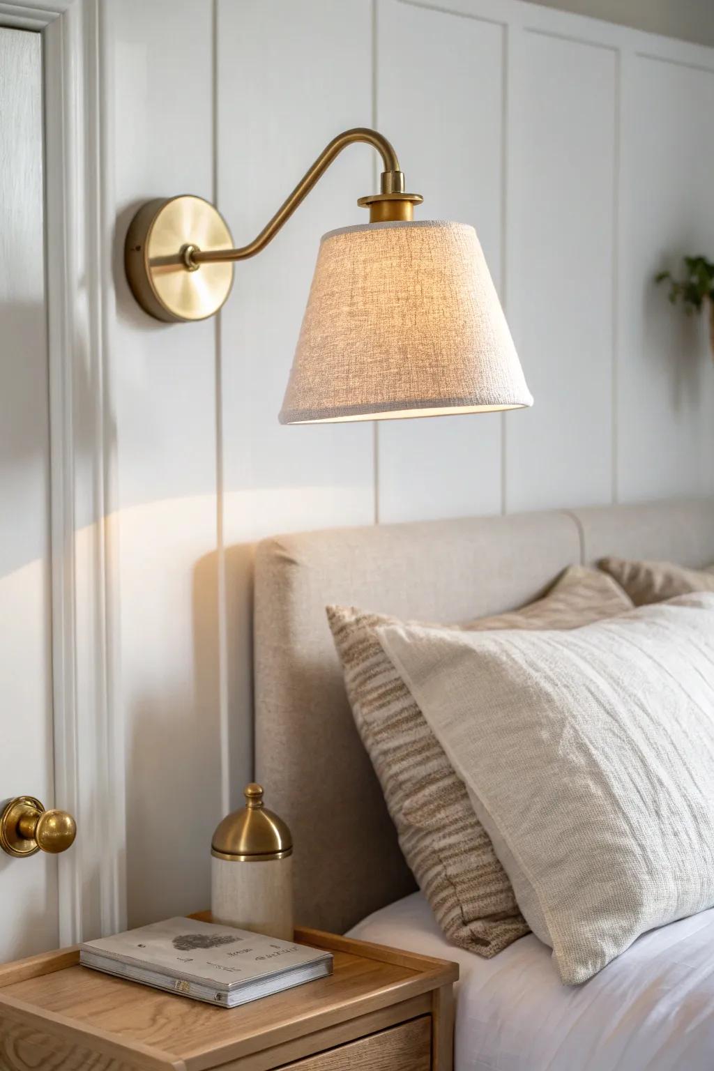 Wall sconces free your nightstand—tiny bedroom, big designer feel with warm boho glow.