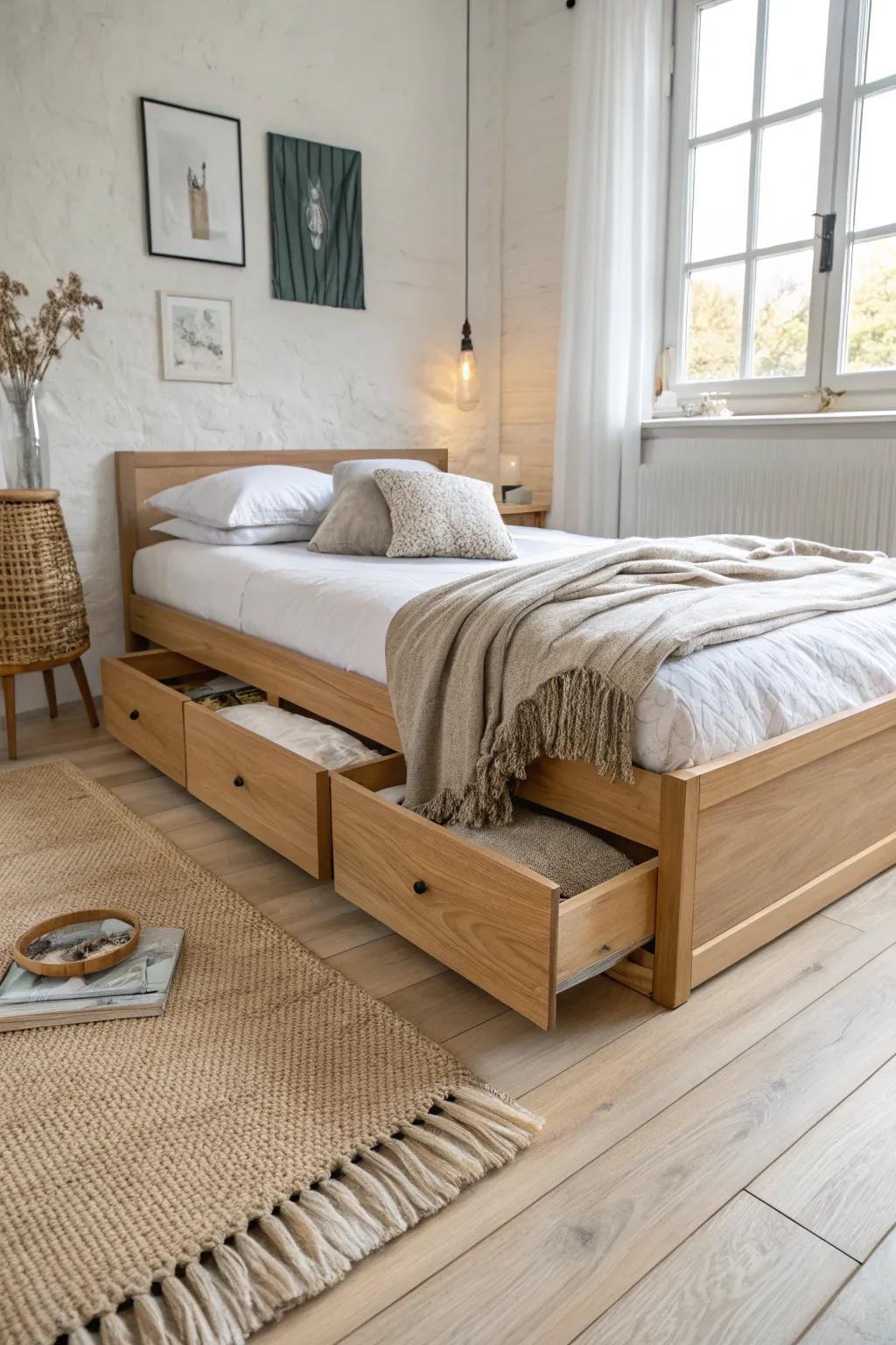 A sleek platform bed with deep drawers—minimal look, massive storage for tiny homes.