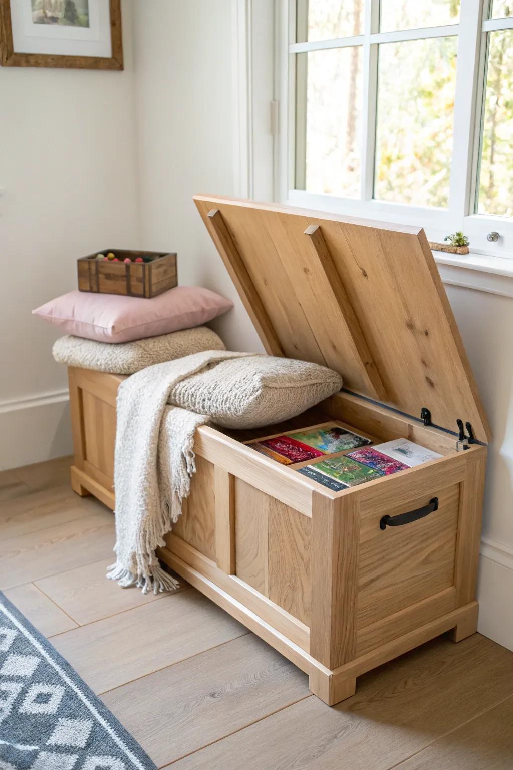DIY storage bench: cozy seating + hidden space for blankets and games—tiny home budget win.