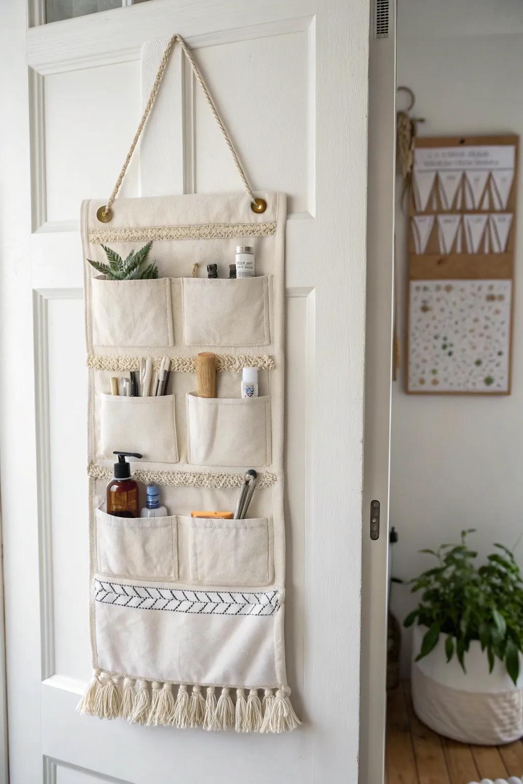 Over-the-door pockets with labeled sections—tiny home storage that stays tidy and serene.