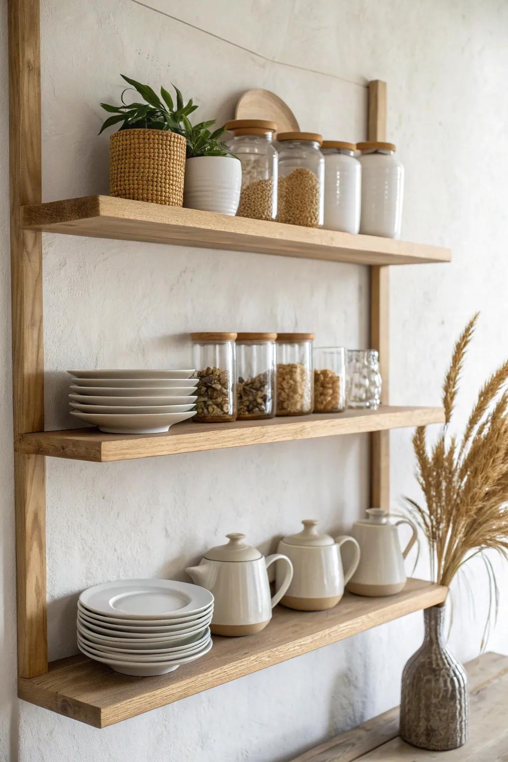 Open oak shelving + matching jars keeps tiny kitchens airy, intentional, and beautifully minimal.