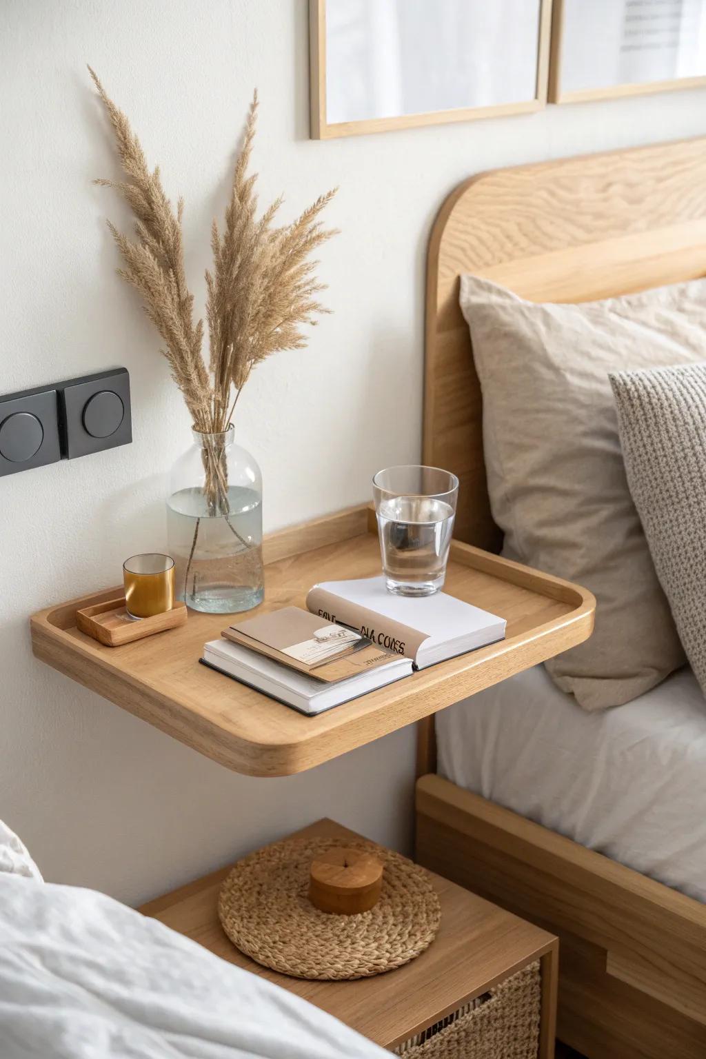 Swap bulky nightstands for a floating shelf—lighter, prettier, and perfect for tiny rooms.