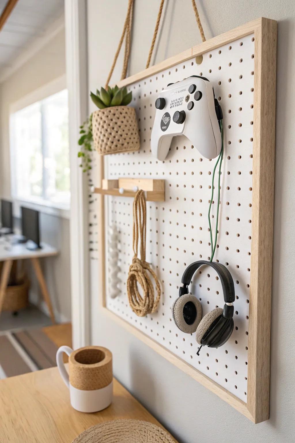 Tiny man cave upgrade: a pegboard command center that keeps controllers, cords, and batteries tidy.