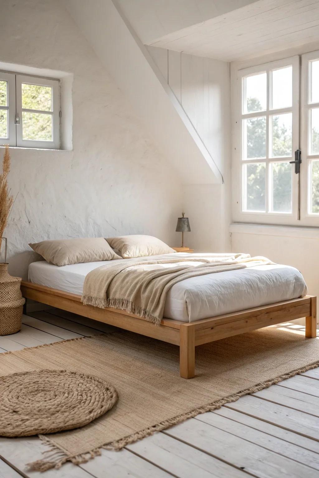 A low-profile bed frame keeps tiny bedrooms airy—adds height, calm, and minimalist style.