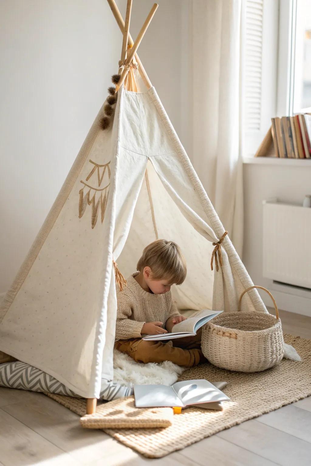 A tiny linen teepee nook makes a calm “my spot” reading corner—cozy, minimal, and sweet.
