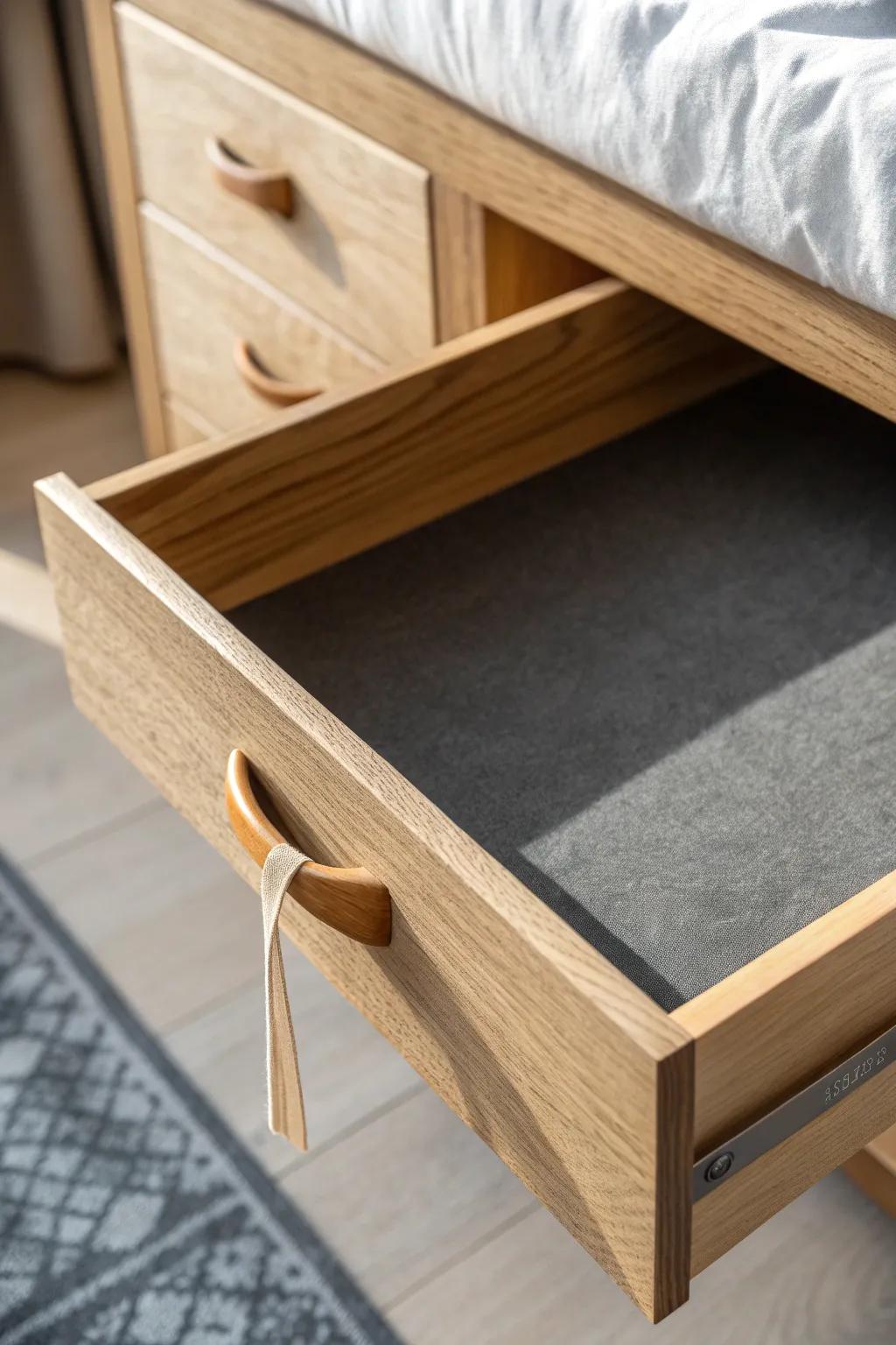Rubber-lined drawers keep tools from sliding, clanging, and scratching—quiet, tidy, small-space win.