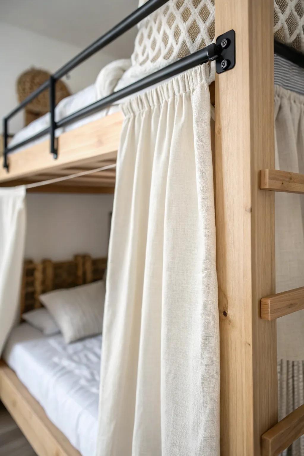 A simple linen curtain turns the top bunk into a calm, cozy nook with instant privacy.