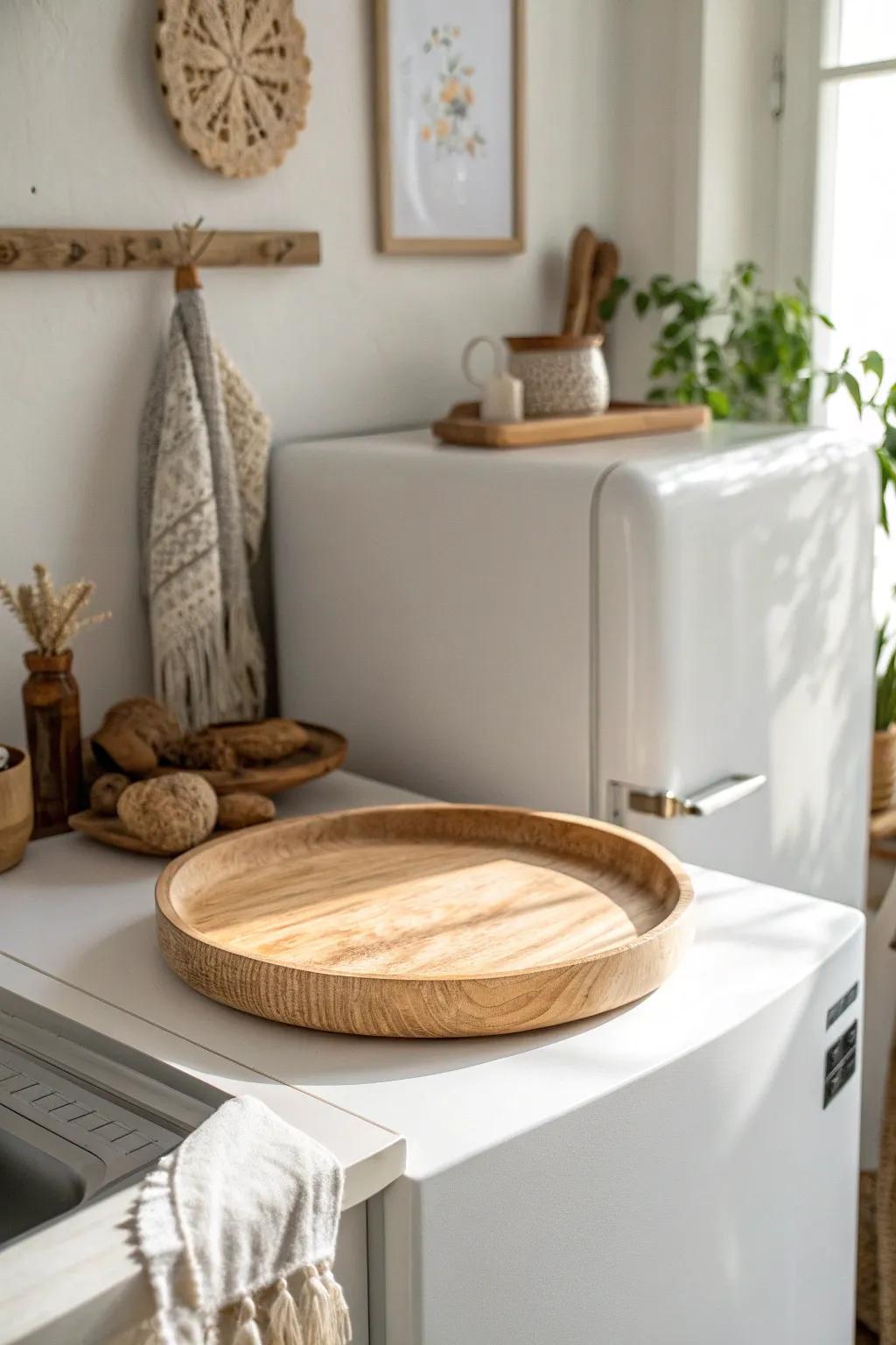 A low-profile tray turns the top of your fridge into a tidy, styled storage zone.