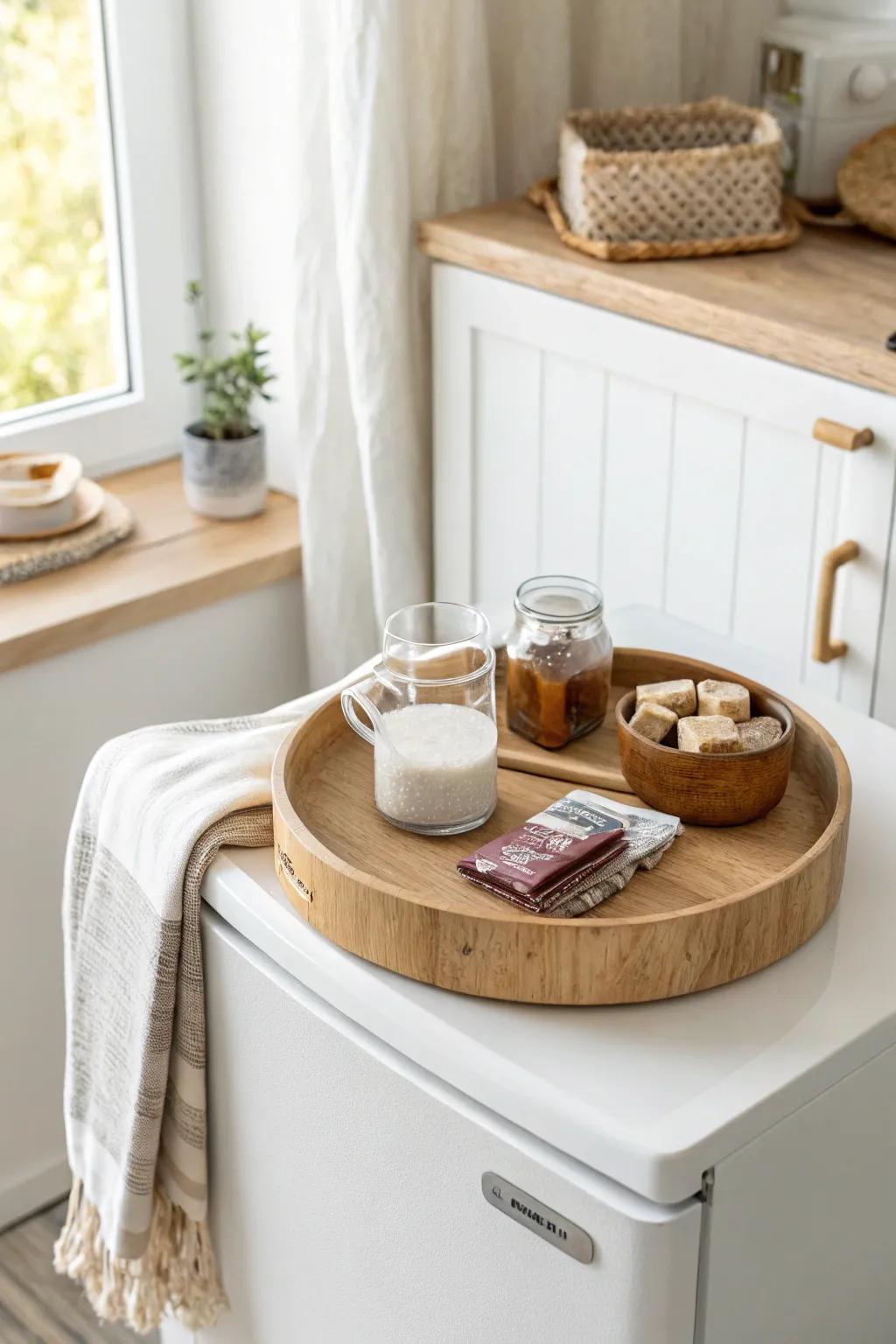 A shallow tray on top of the fridge keeps spices, tea, and snacks tidy—and beautifully contained.