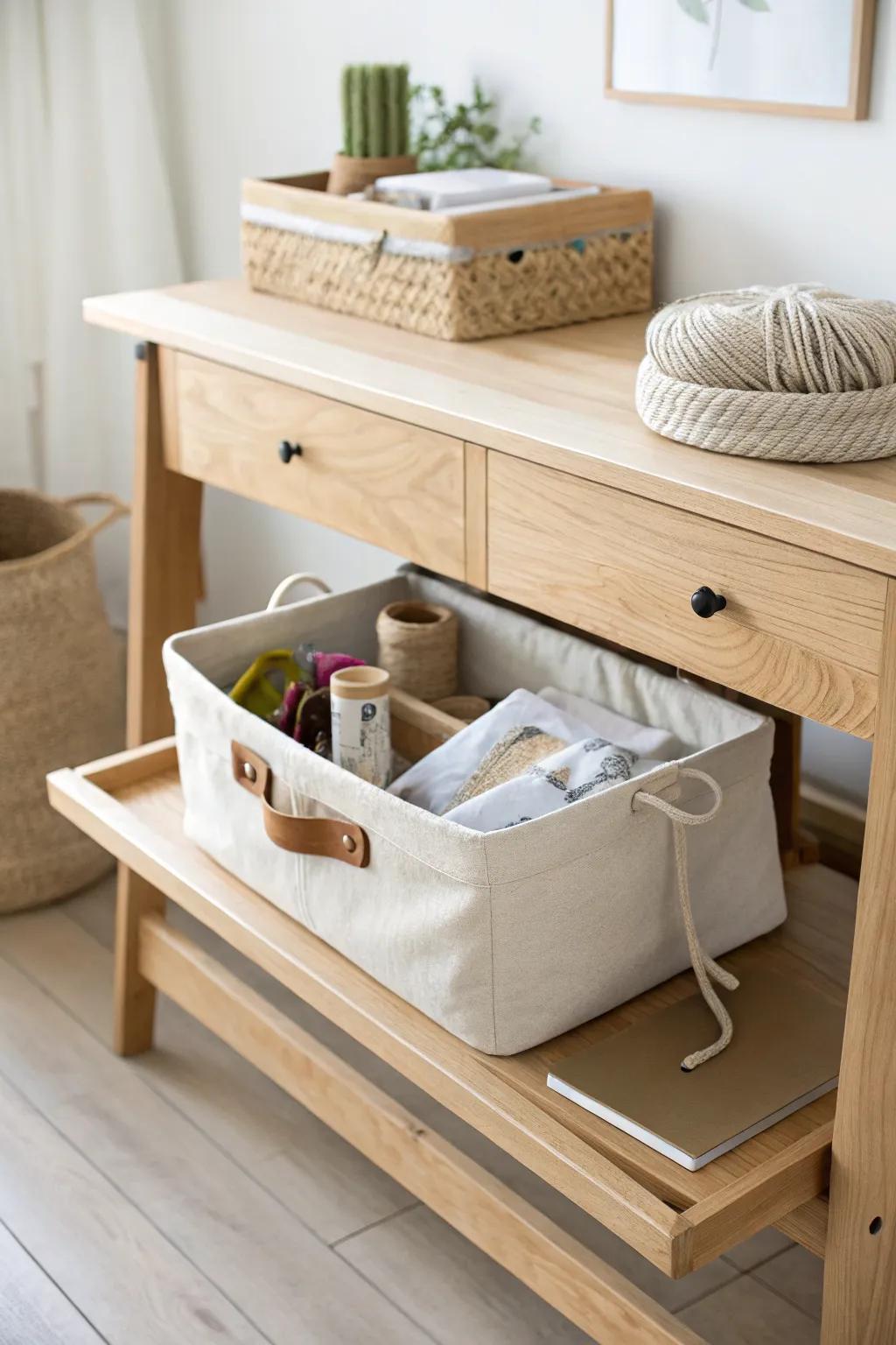 Turn under-bench dead space into a sleek sliding tote drawer—simple rails, instant order.