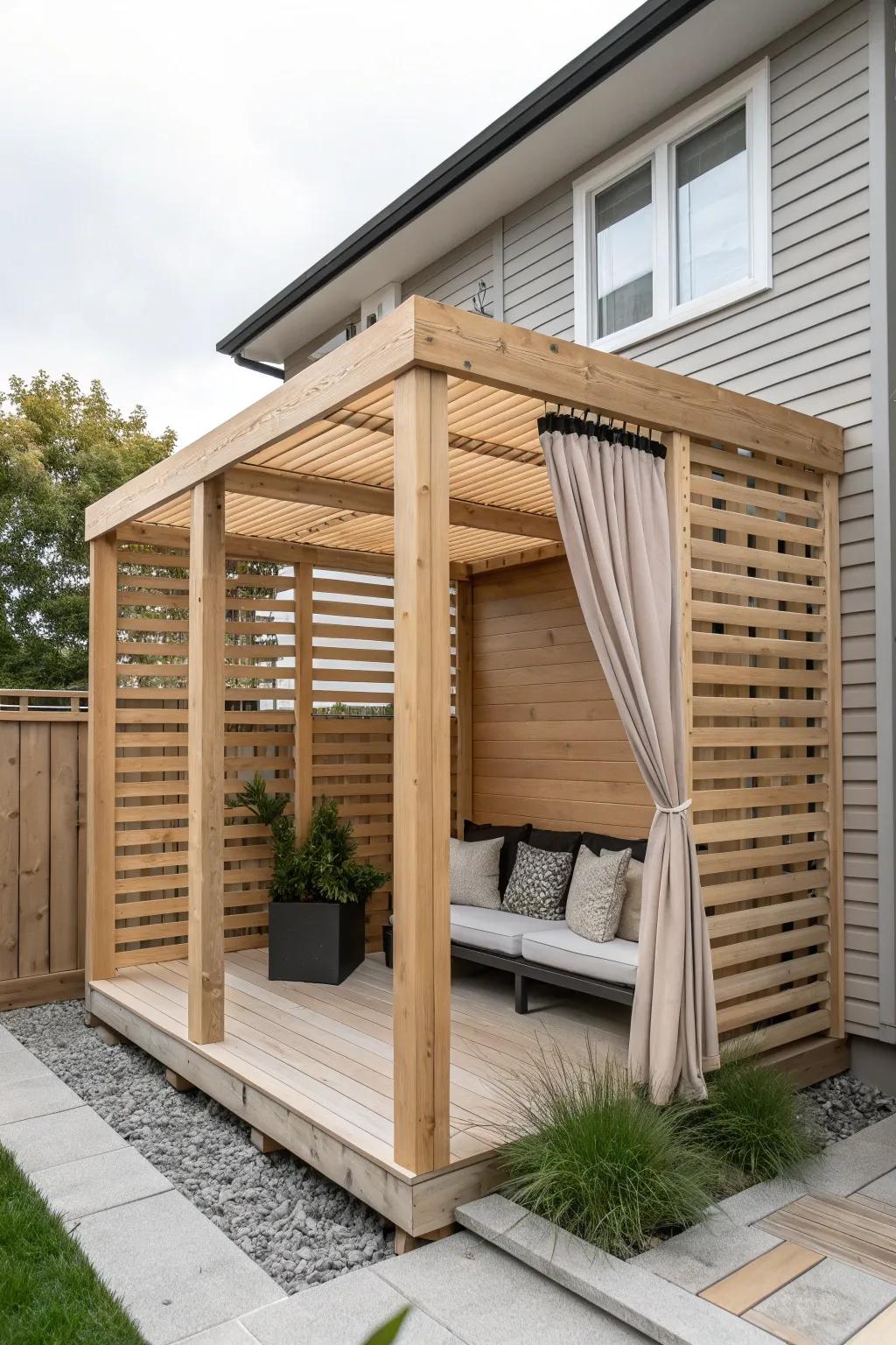 A small pergola plus one side panel creates instant privacy and a cozy deck “room.”