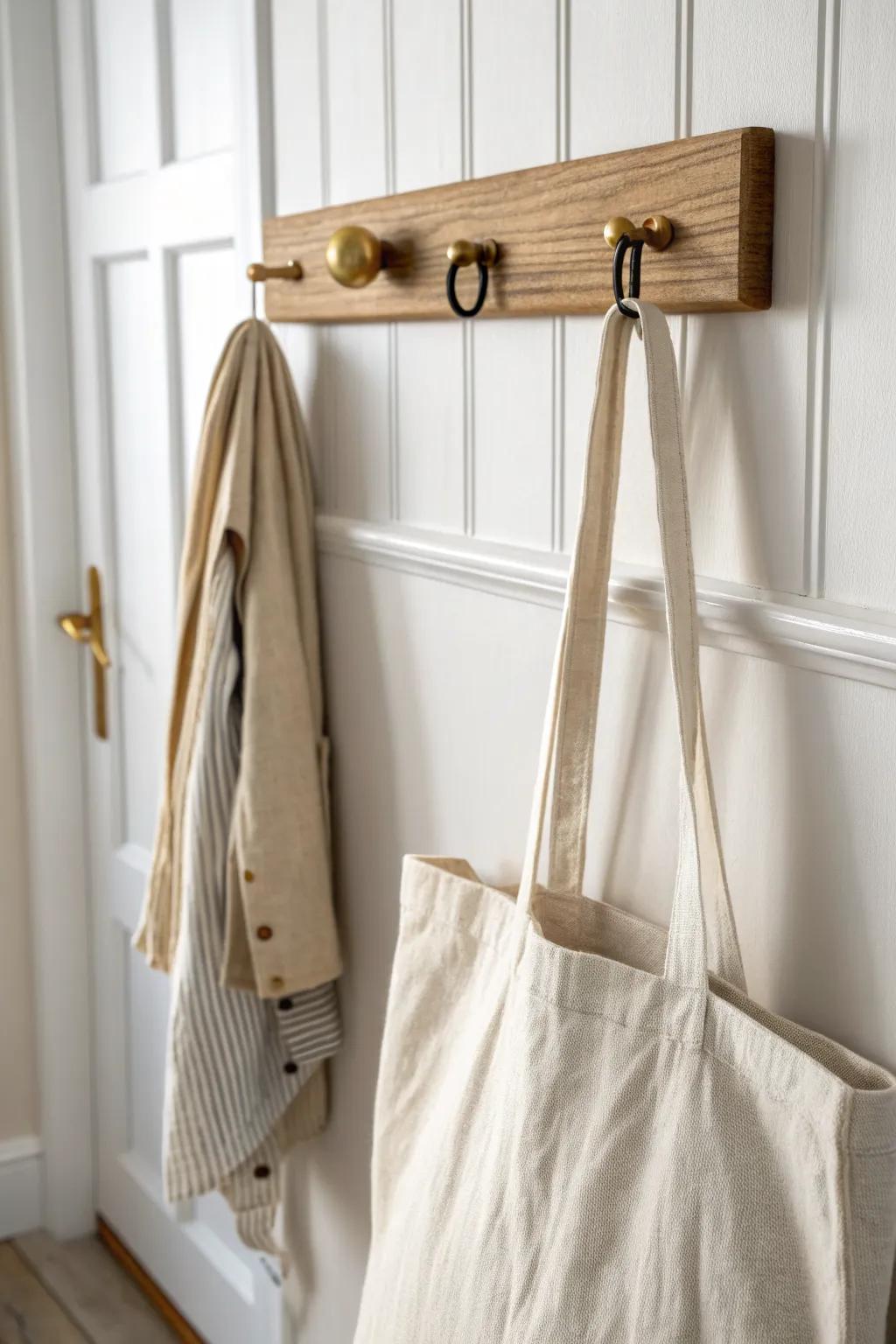 A simple oak peg rail keeps coats and bags off the floor—pretty and practical for small entryways.