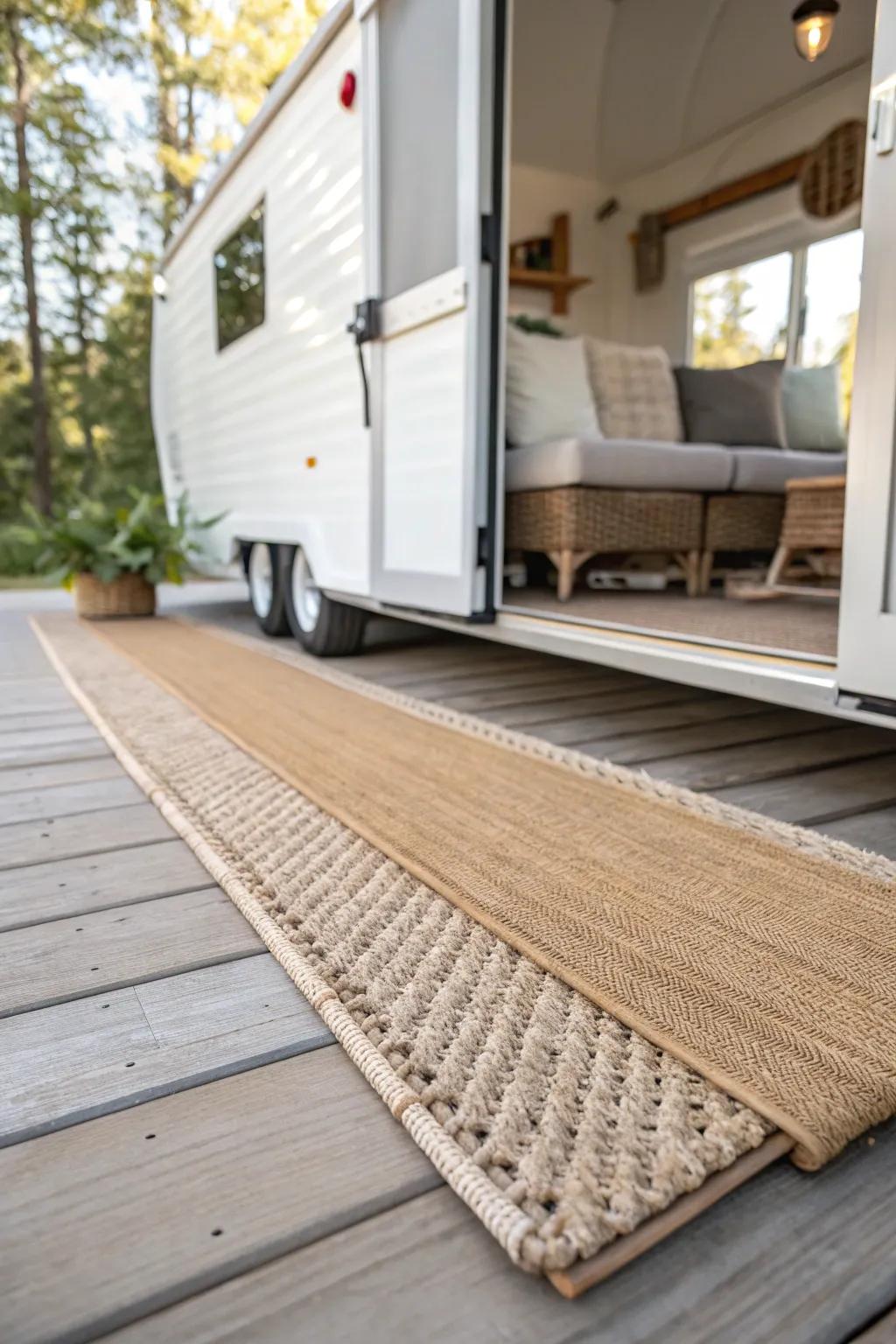 A slim woven runner makes the patio-mode ramp feel like an intentional indoor-outdoor room.