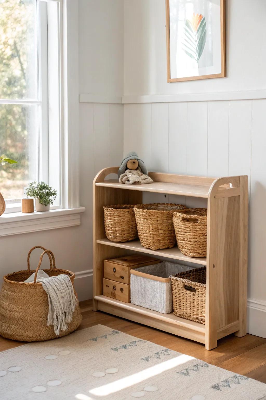 Low, kid-reachable shelf with woven baskets—tidy toys and independence in small spaces.