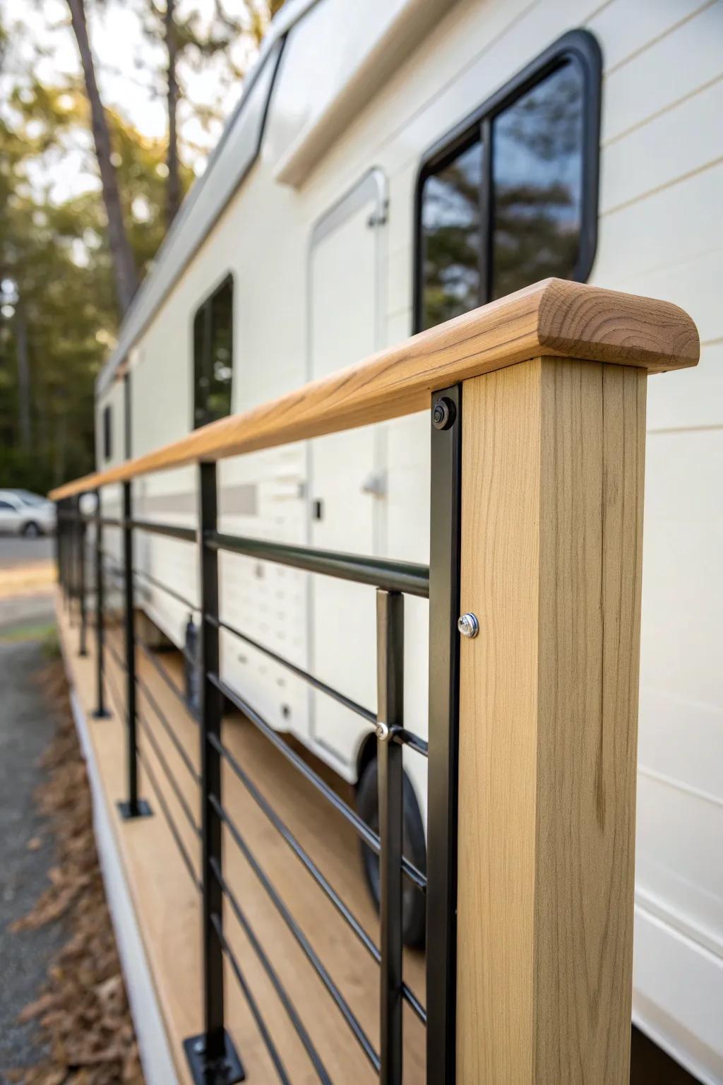 High-contrast railings instantly make a trailer porch look crisp, modern, and styled from the street.
