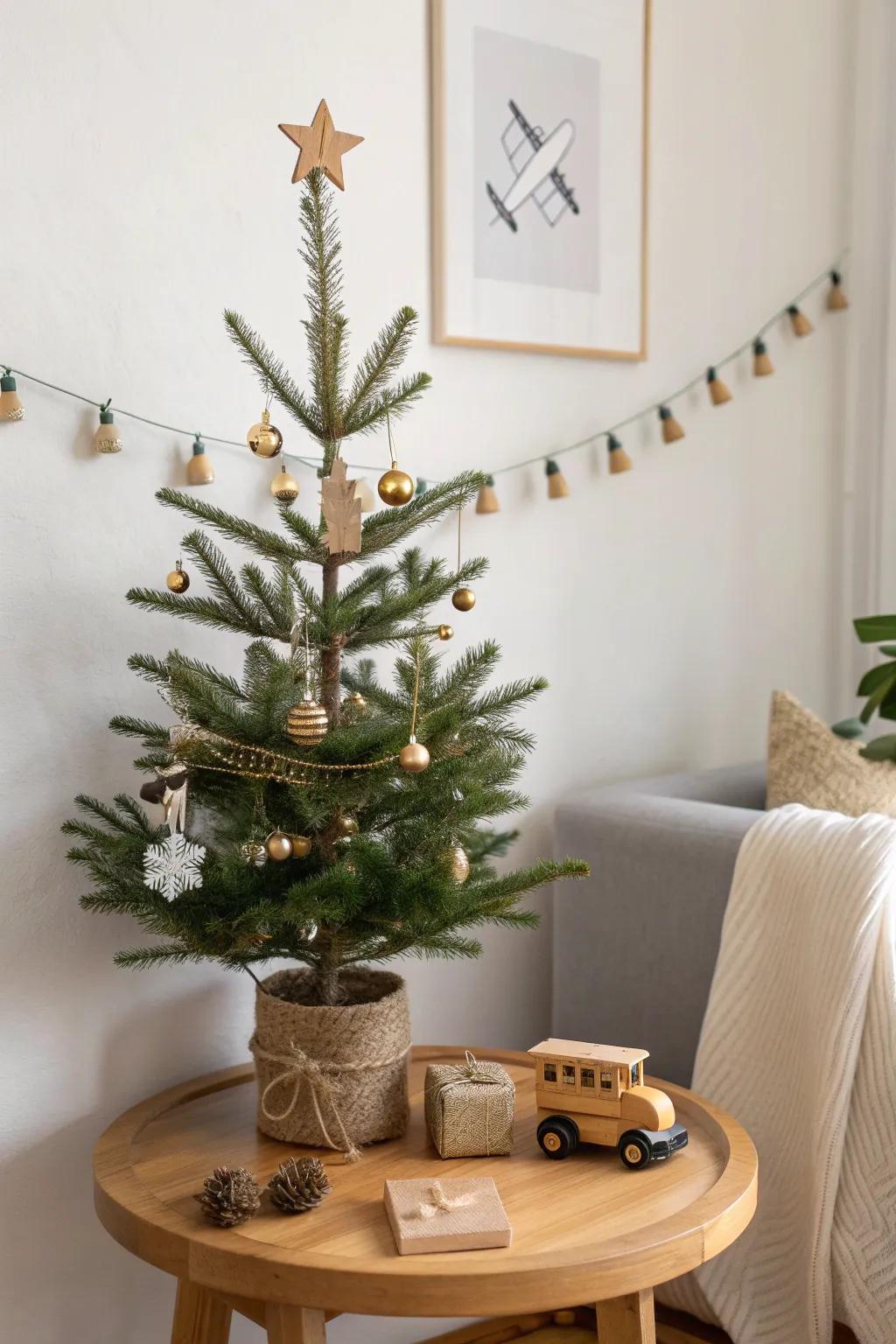 Tiny travel tree with plane, train & car ornaments—outer-branch styling for crisp, photo-ready charm.