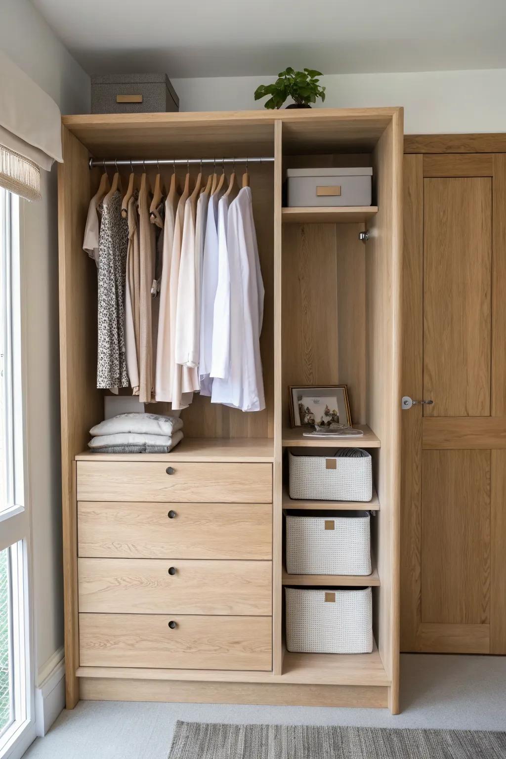 Open rail + closed drawers: the small-space closet mix that looks tidy, even on laundry day.