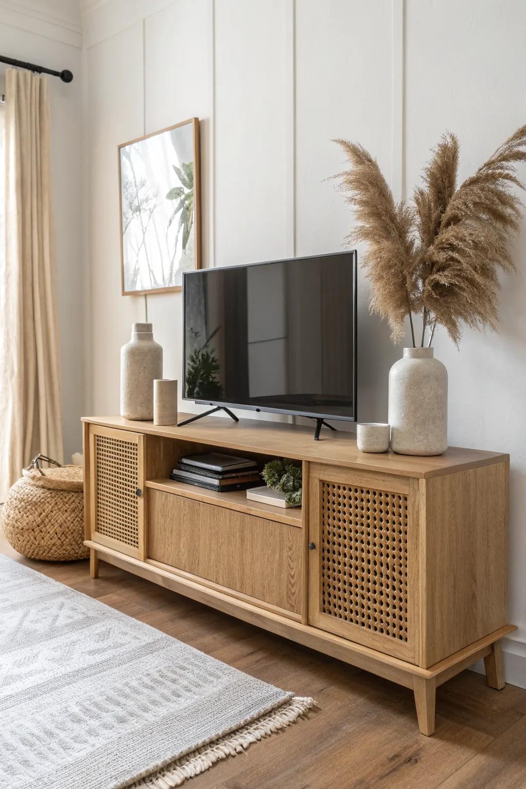 Symmetry makes any TV console feel high-end—match decor on both sides for instant polish.