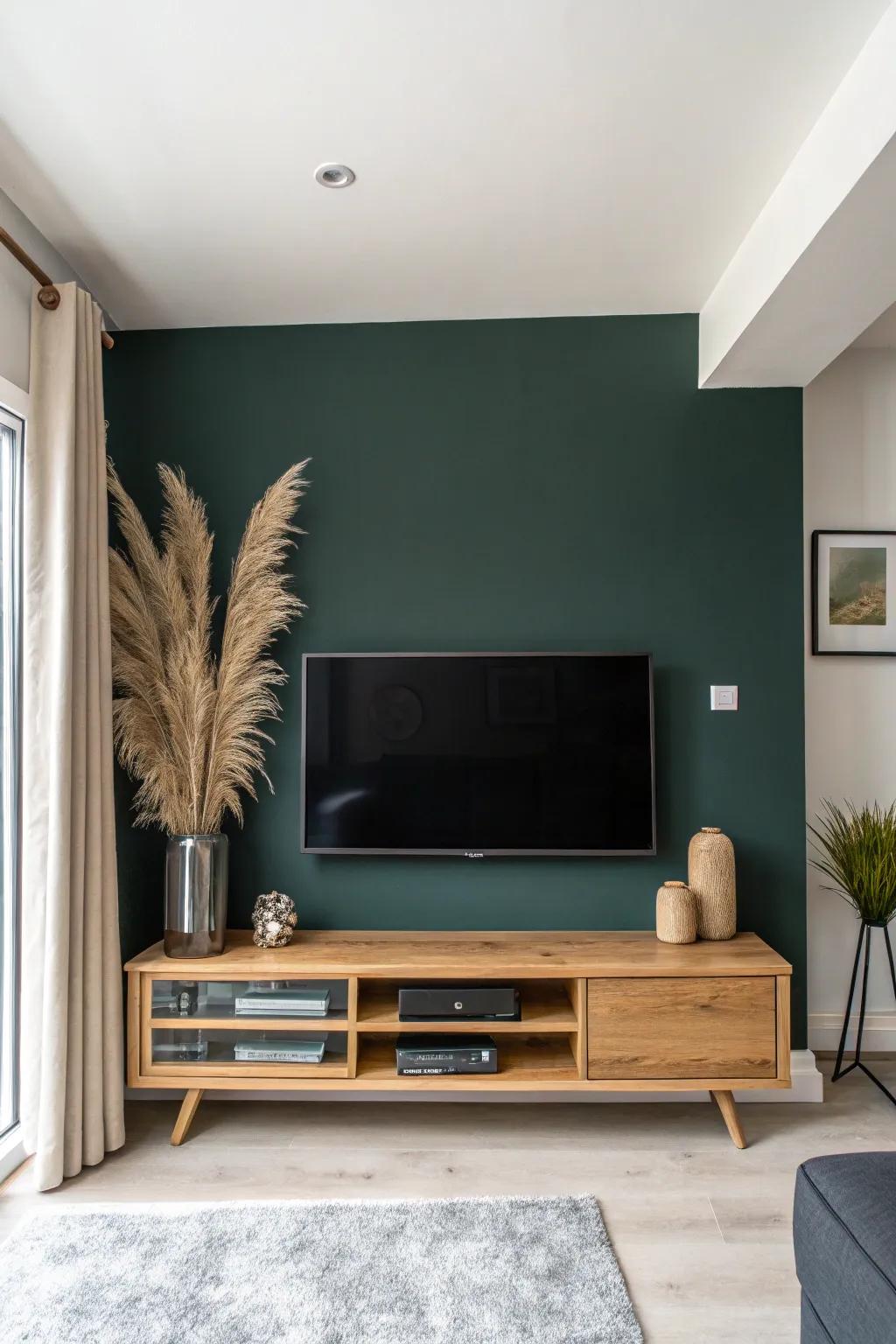 A deep, moody paint backdrop makes a wall-mounted TV blend in and feel instantly intentional.