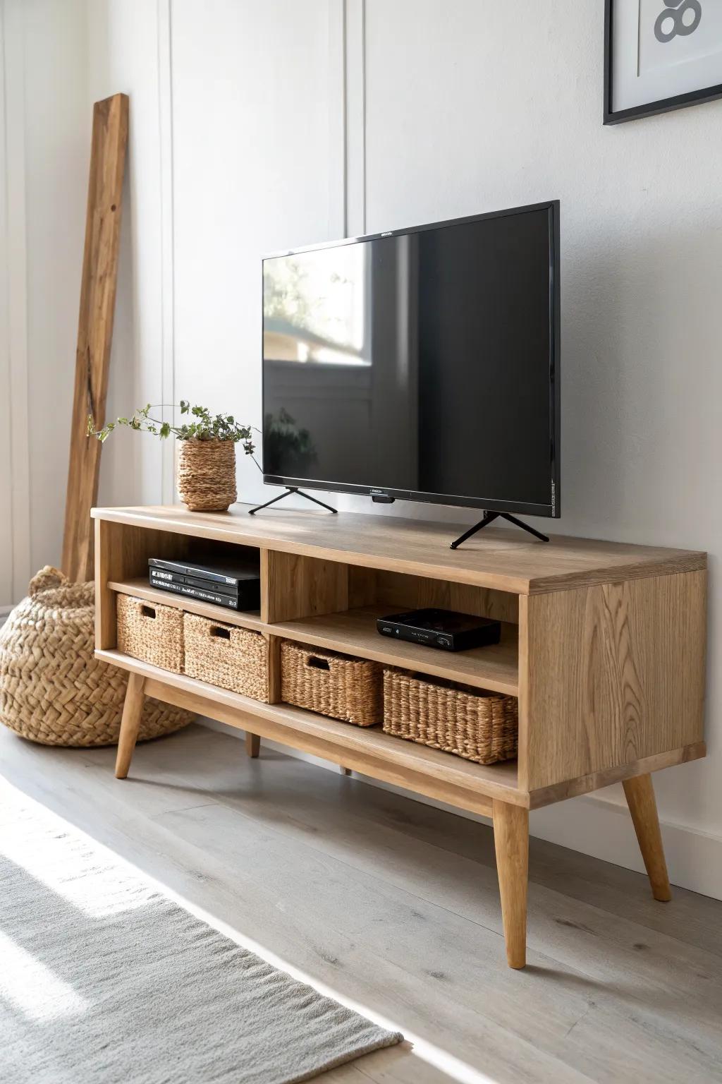 Add tall legs to your TV stand for instant lift, more floor showing, and a lighter look.