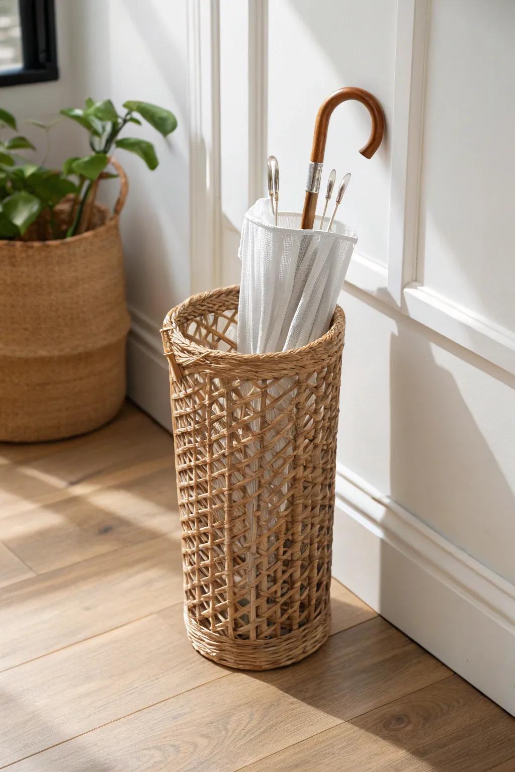 A tall woven basket with a hidden waterproof liner keeps umbrellas tidy and floors drip-free.