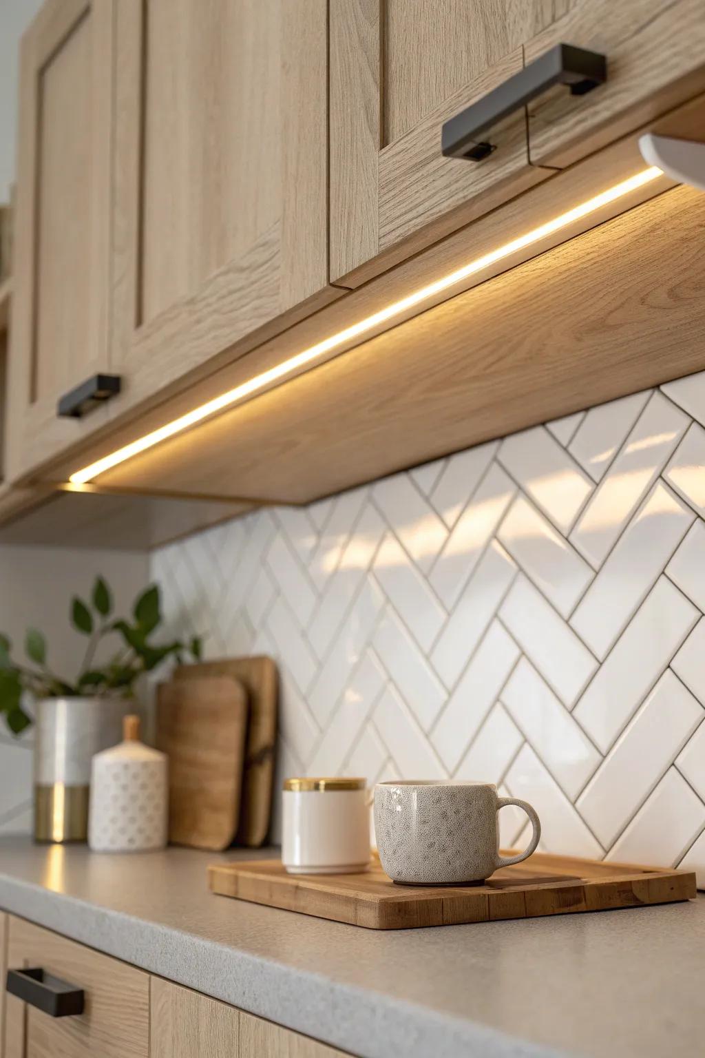 Hardwired under-cabinet light bar for a seamless, custom glow—no cords, all calm.