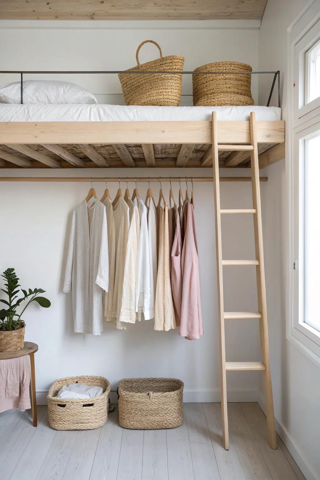 A mini under-loft closet: simple hanging rod + top shelf bins for rental-friendly storage.