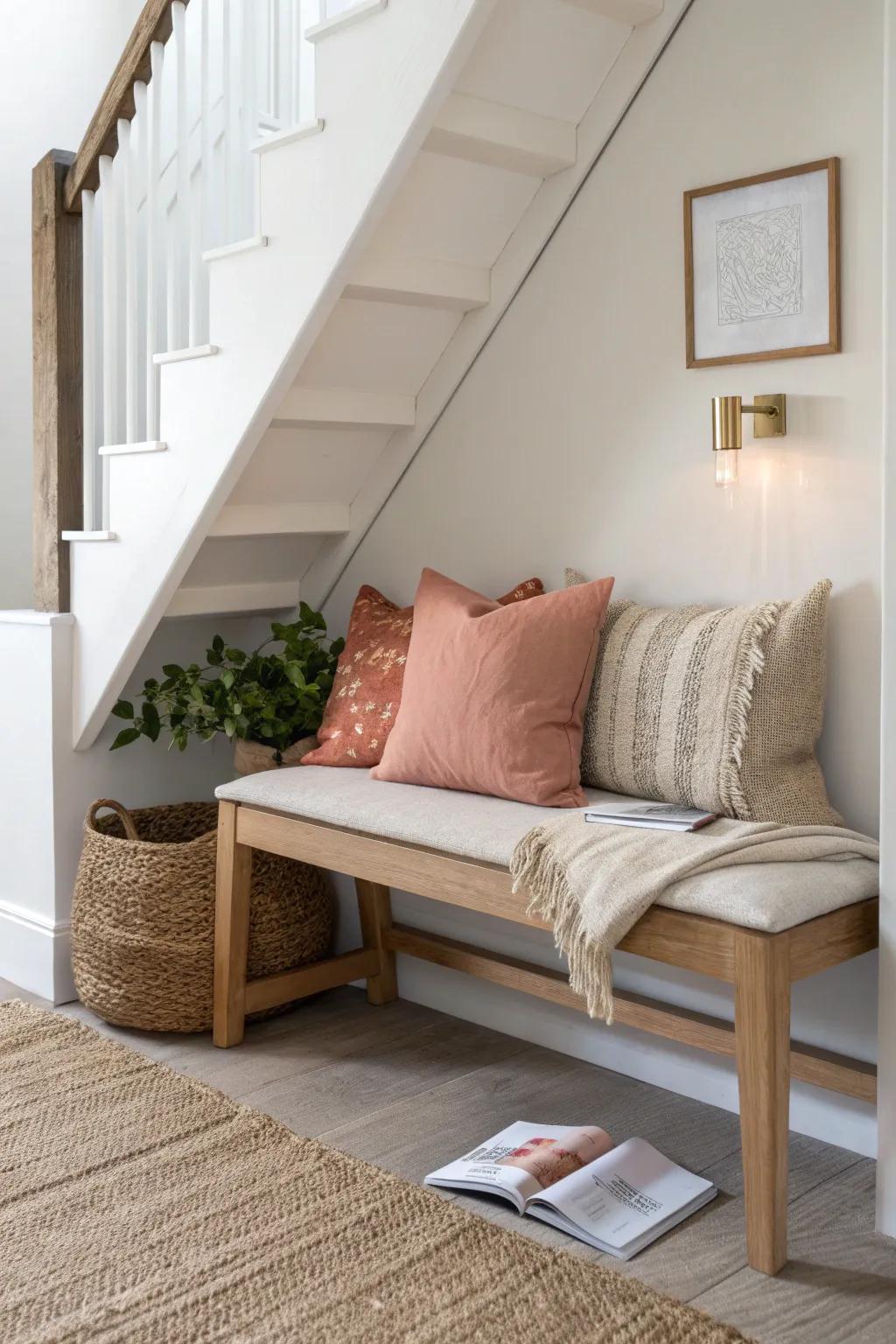 A snug under-stair bench nook with warm light and soft layers—small space, big cozy.