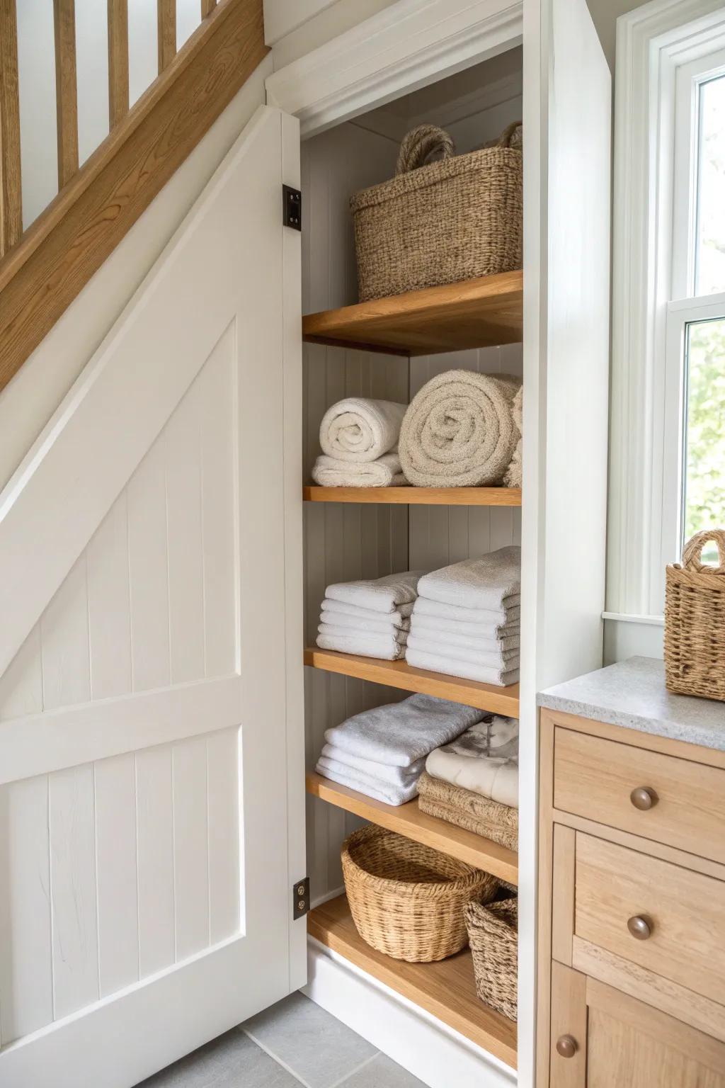 Under-stairs linen cupboard with stacked shelf zones—towels, sheets, and blankets stay tidy.