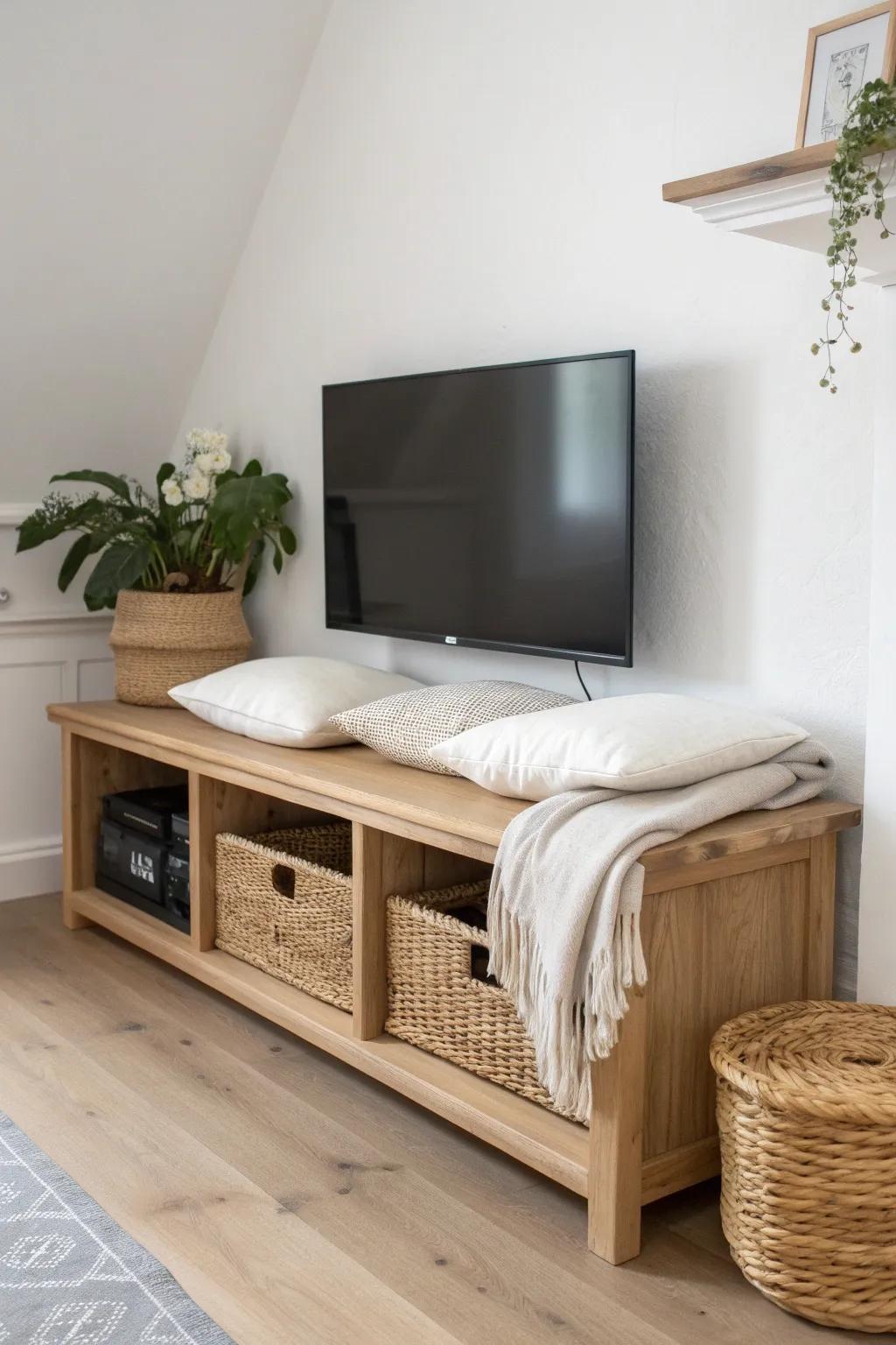 A sleek storage bench under the TV adds flexible seating and keeps blankets tucked away.