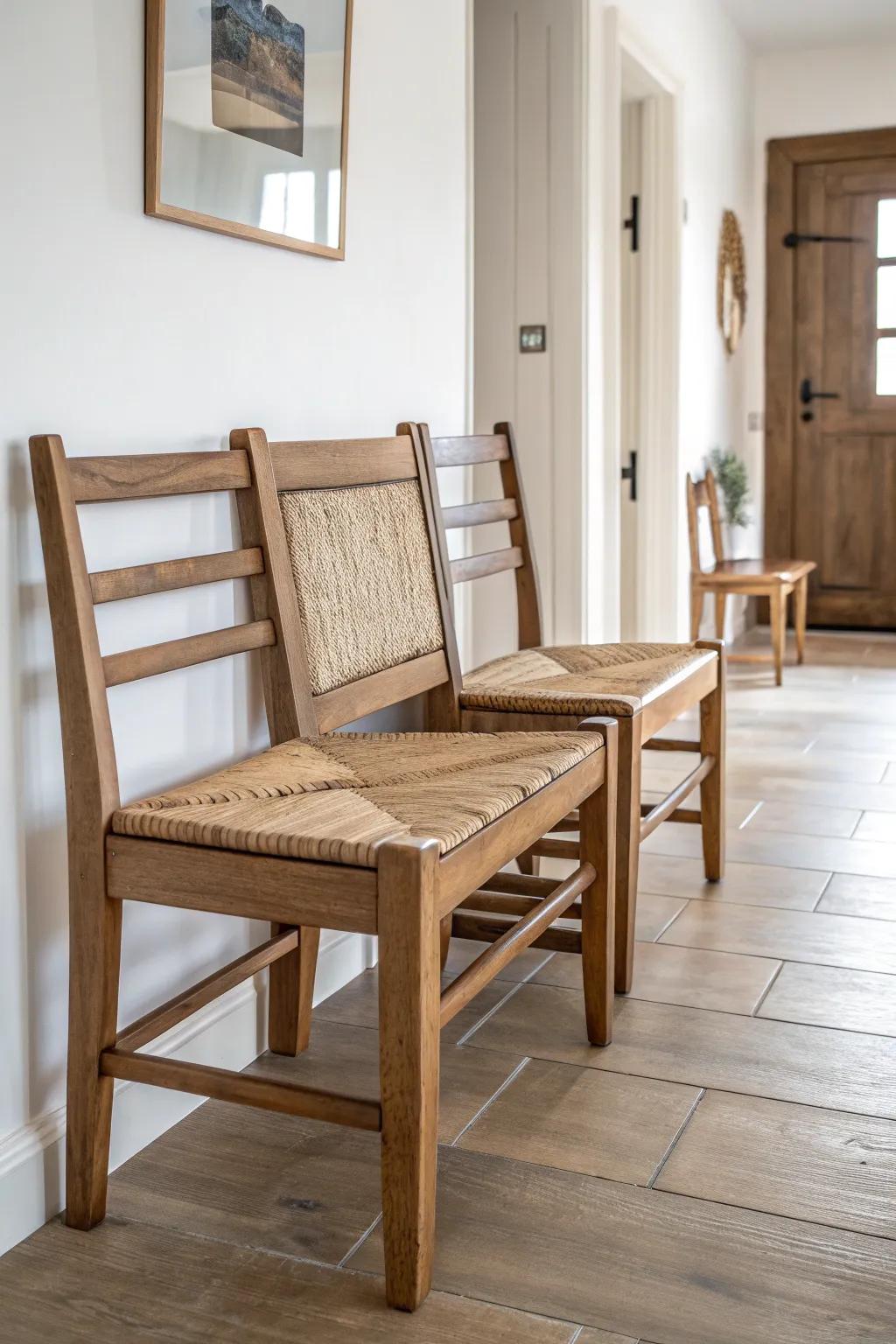 Transform mismatched chairs into a stunning rustic bench that adds charm to your hallway.