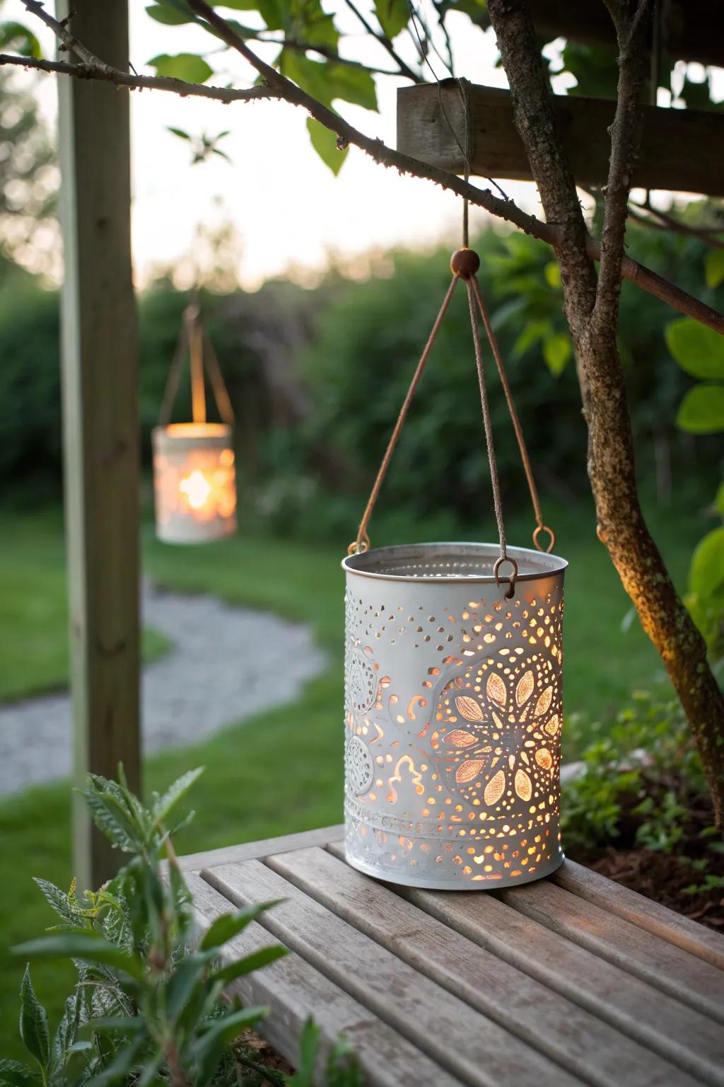Illuminate your garden with the rustic charm of upcycled tin can lanterns. Eco-friendly elegance at its finest.