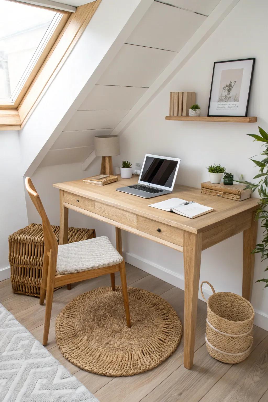 L-shaped loft desk turns awkward corners into a calm, craft-led workspace with twice the surface.