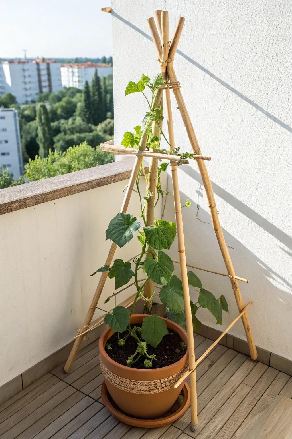A simple bamboo trellis turns one balcony pot into an easy vertical cucumber harvest.