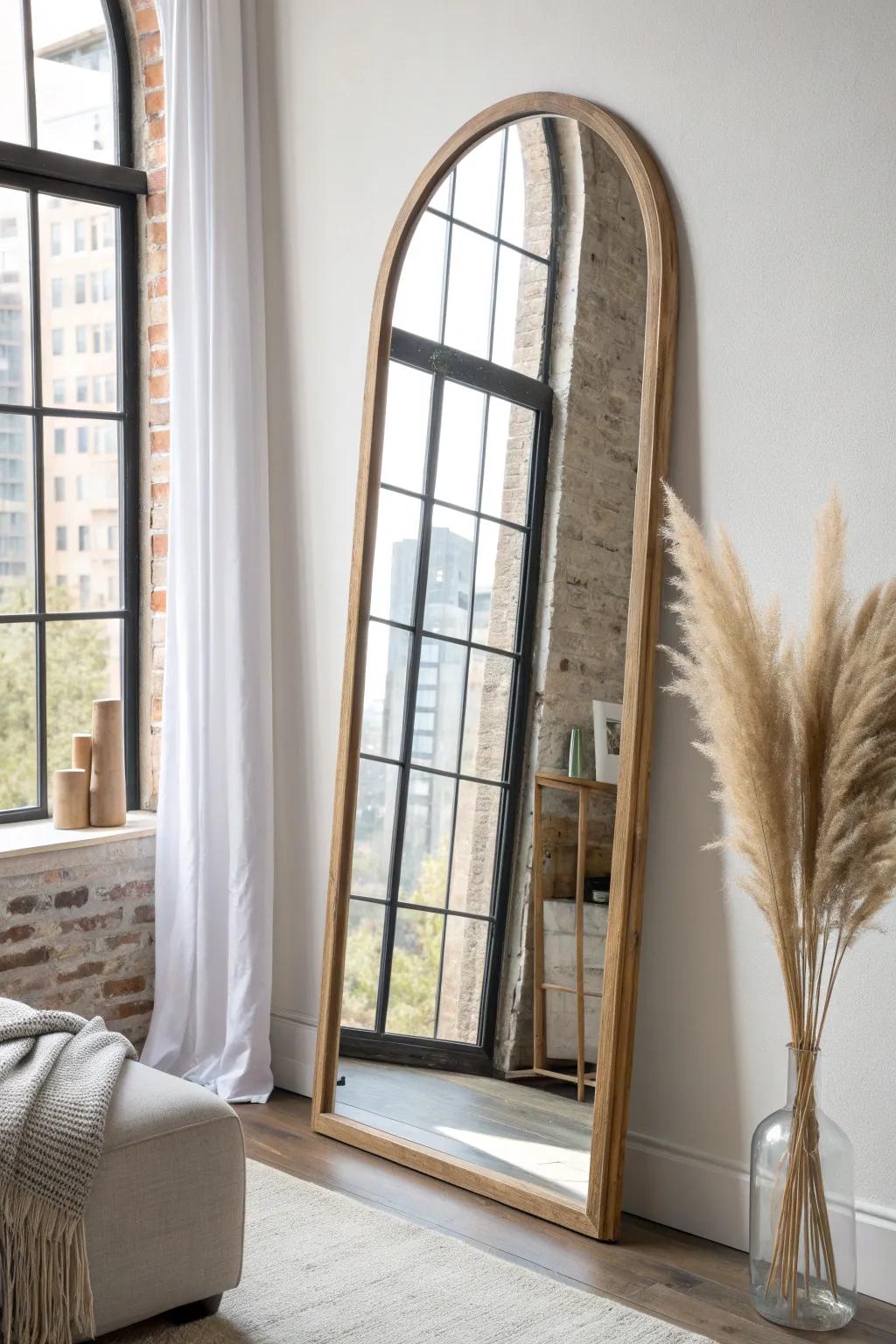 A single oversized mirror doubles your daylight and makes urban textures glow beautifully.
