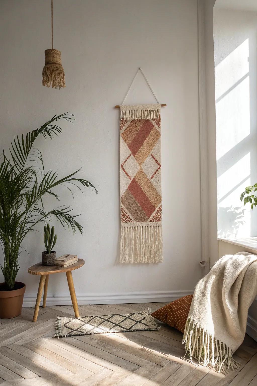 A slim woven wall hanging adds cozy texture and softens echo-y walls—perfect for tight spaces.