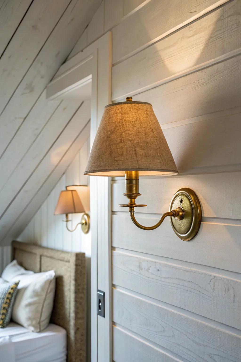 Swap table lamps for a wall sconce—free up tiny bedside space and add warm attic glow.