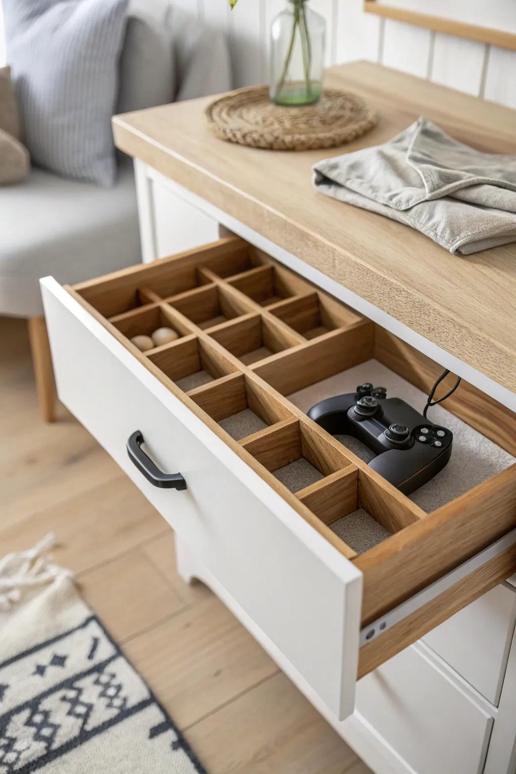 Reset your gaming drawer fast: a simple wooden divider keeps controllers and cords in place.