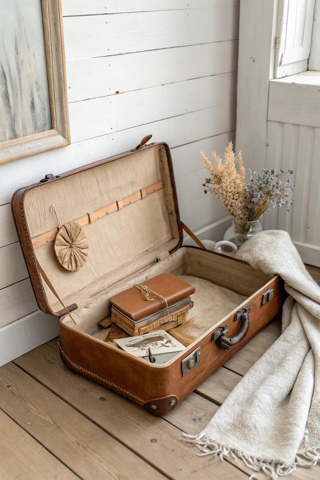 An open vintage suitcase vignette with postcards and dried florals—small-space charm, styled simply.