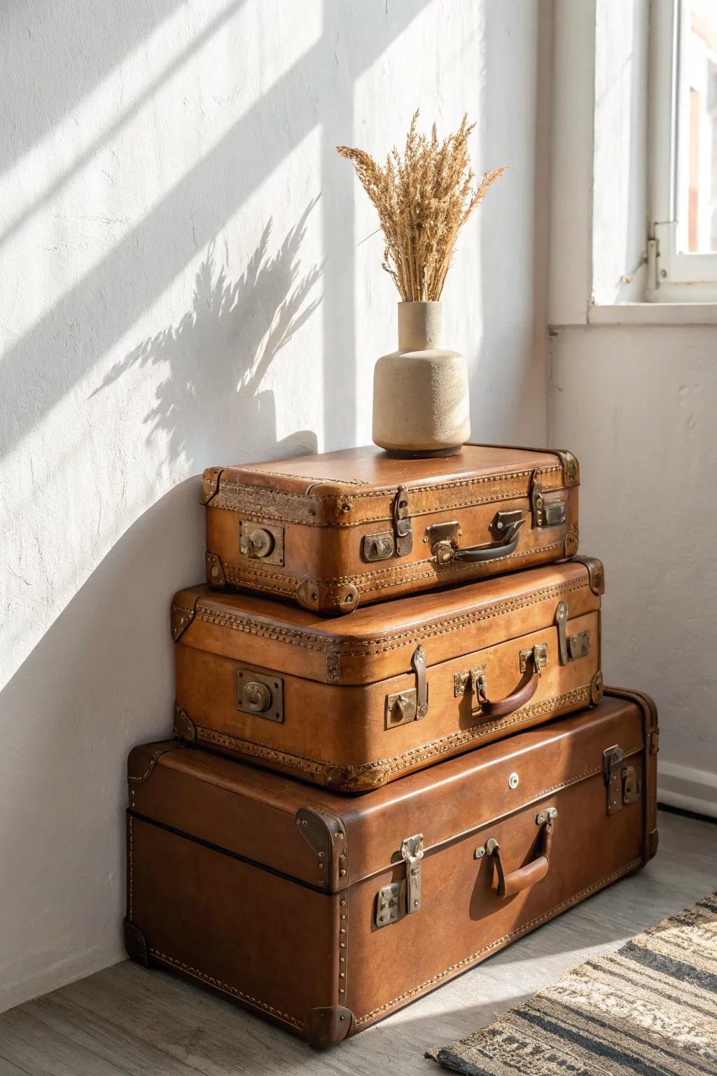 Stack vintage suitcases into a chic side-table that hides small-space storage in plain sight.