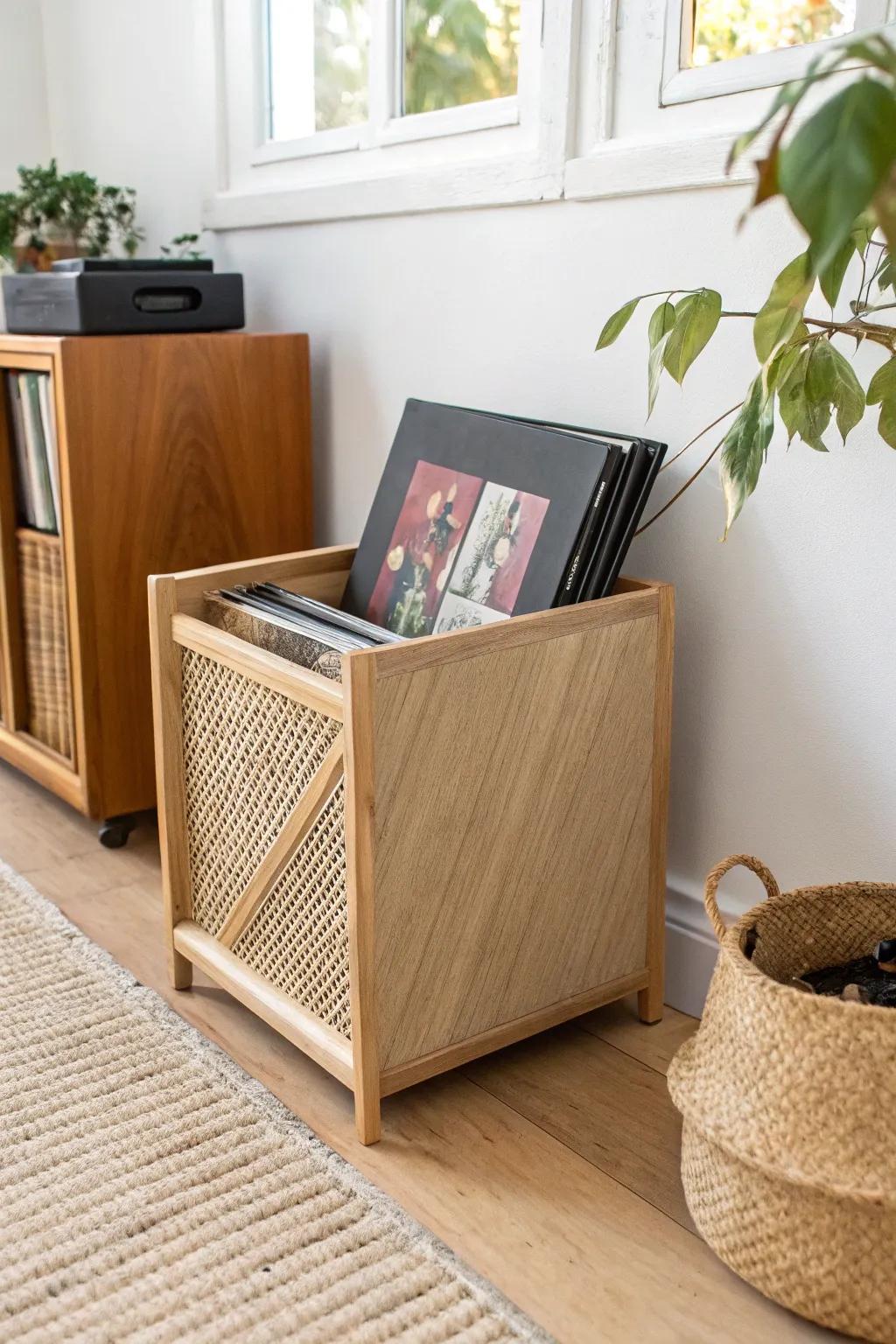 A slim flip-through record bin turns your vinyl into decor—and makes choosing a record easy.