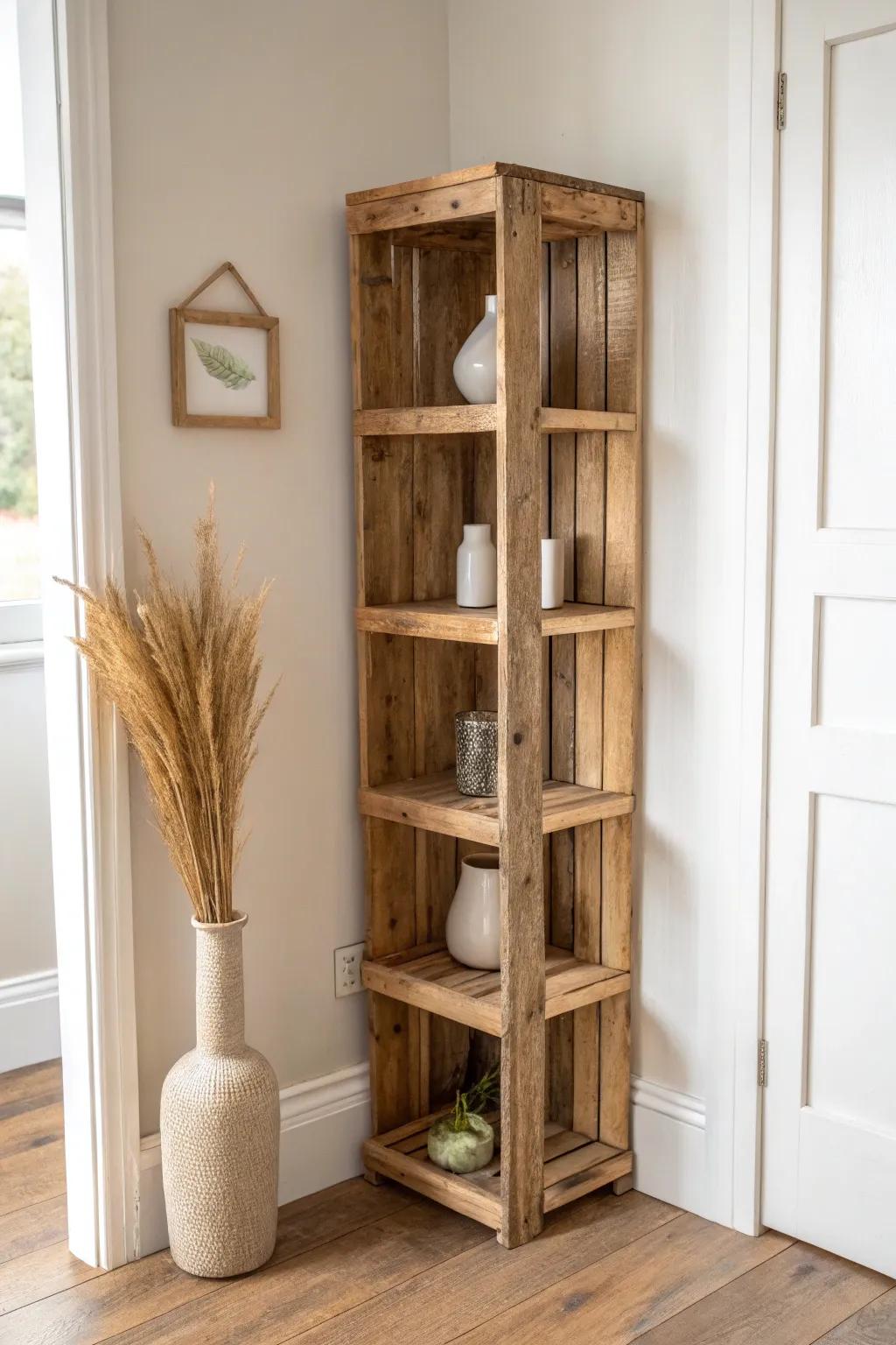 Skinny DIY pallet corner shelves that turn an awkward corner into chic storage.