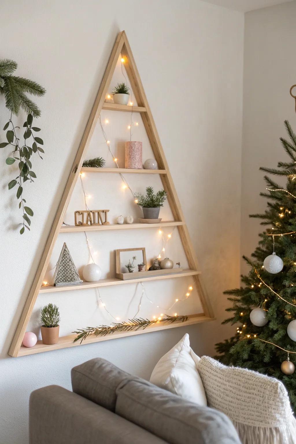 A floating shelf tree: minimalist wall Christmas decor that doubles as stylish display space.